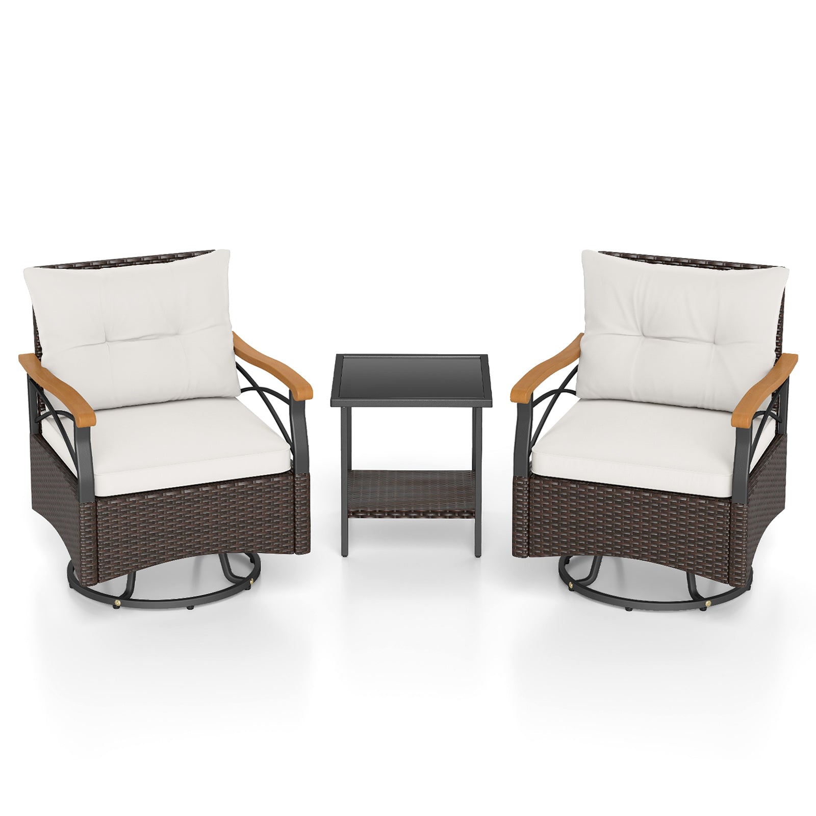 3 Piece Outdoor Swivel Chair Set with Tempered Glass Side Table