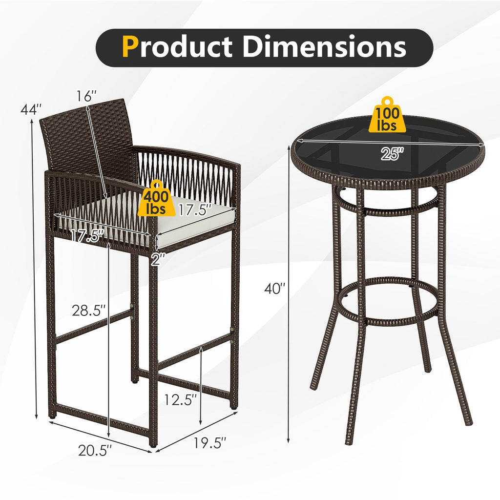 3 Piece Patio Bar Set Outdoor Wicker Bar Height Round Table and Armchairs-White