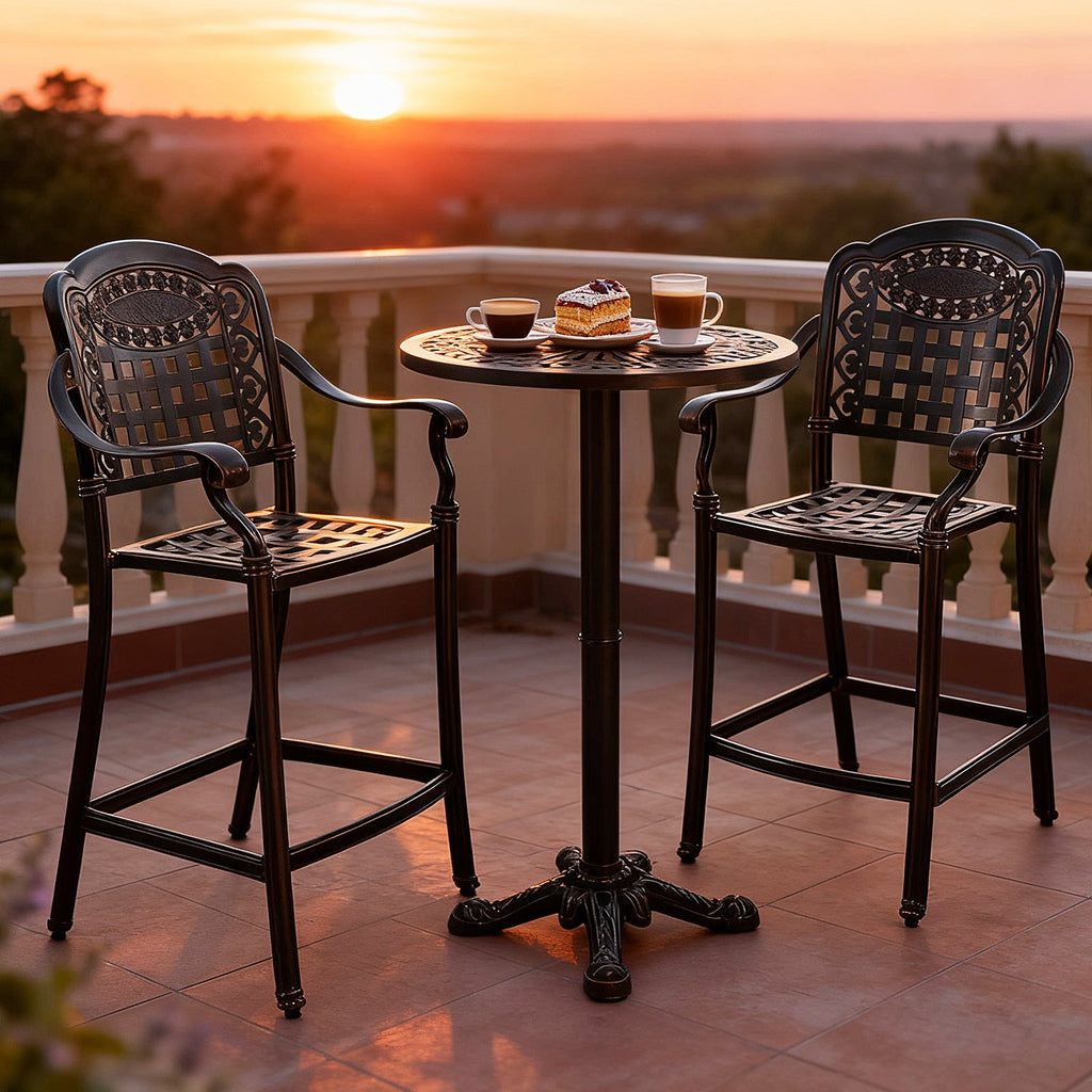 3 Piece Patio Bar Set Outdoor Cast Aluminum Round High Top Table 2 Counter Height Bar Stools