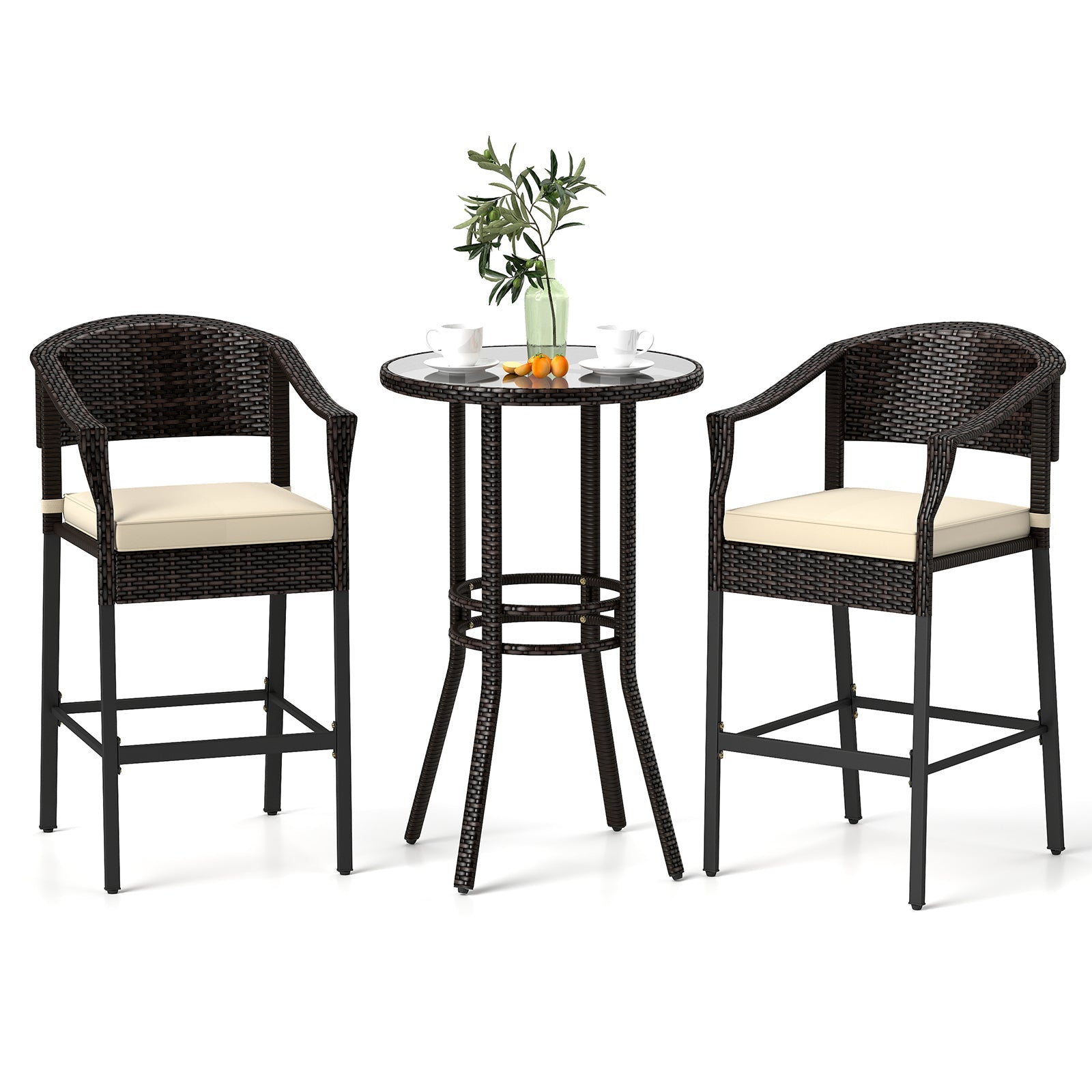 3-Piece Patio Rattan Bar Set with Tempered Glass Top for Backyard Poolside