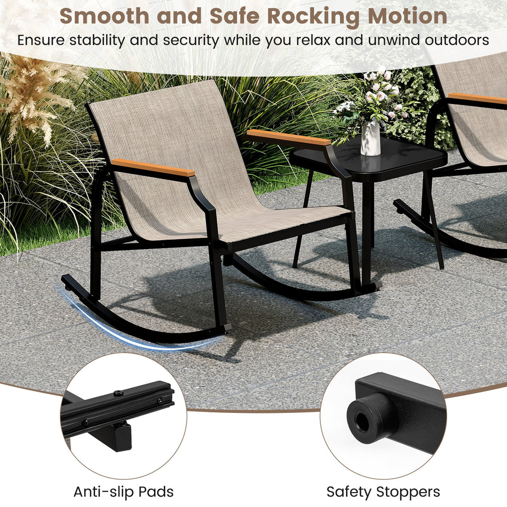 3 Piece Patio Rocking Bistro Set with Tempered Glass Coffee Table and Armrests for Porch-Brown