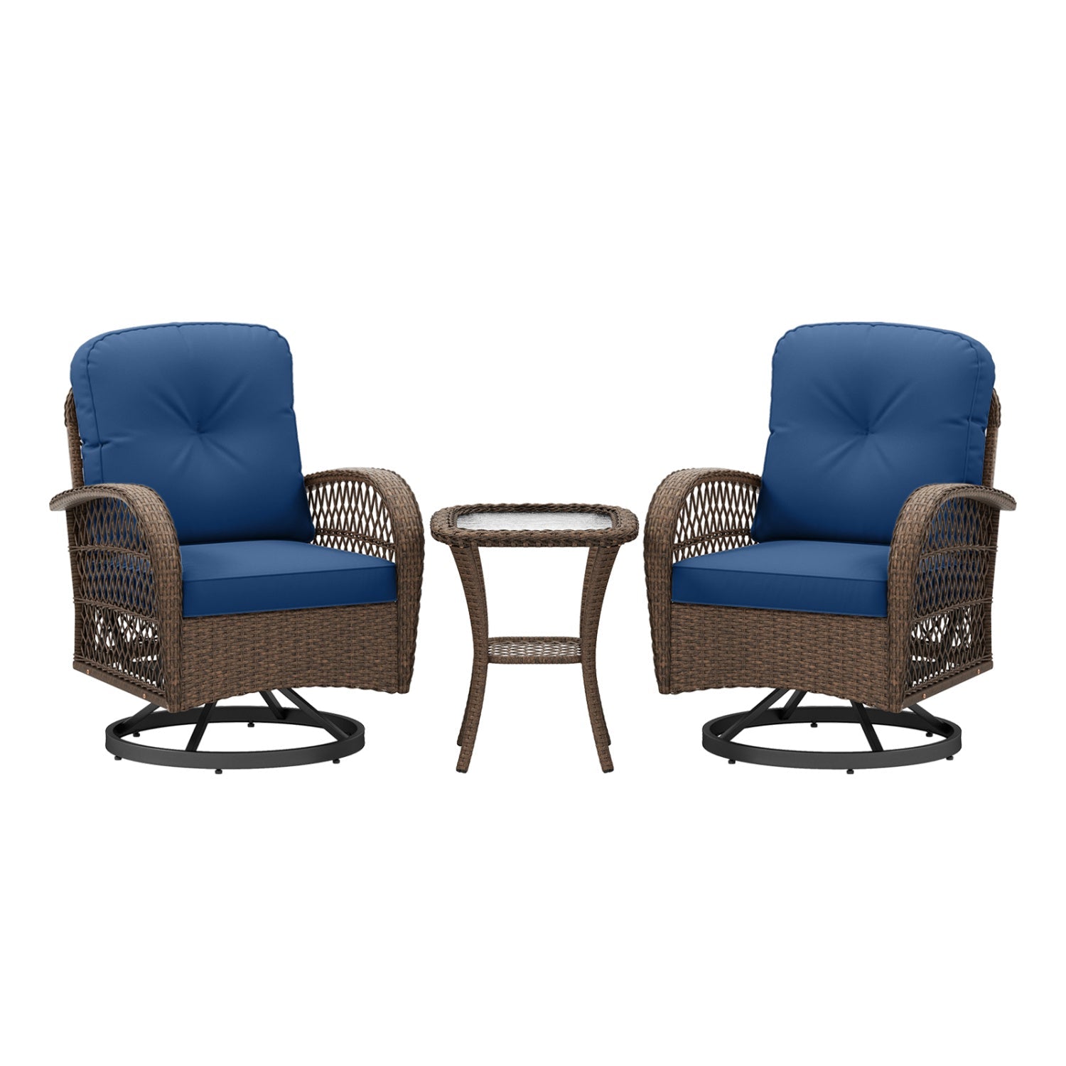3 Piece Patio Swivel Rocker Set with Tempered Glass Side Table and Thick Cushions