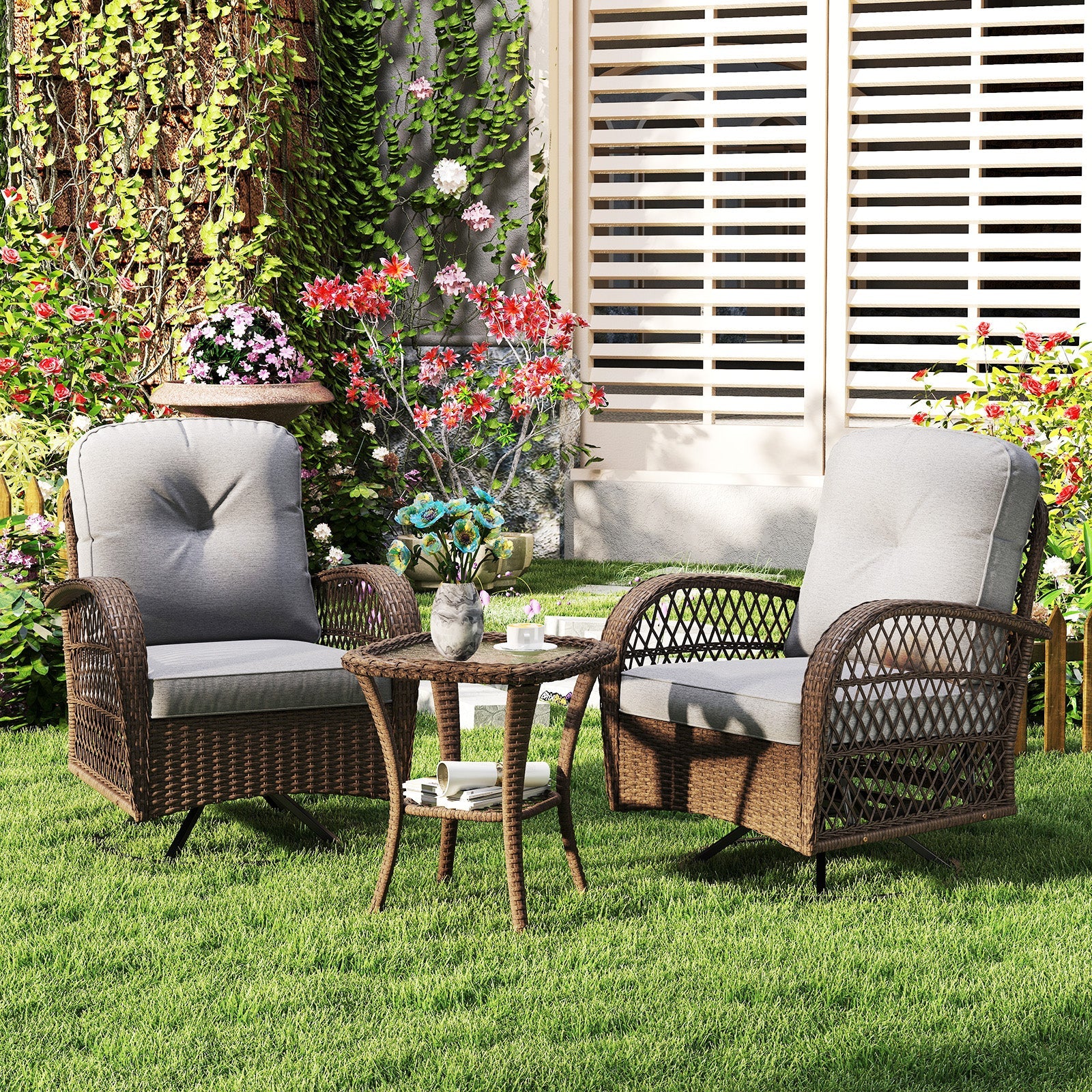 3 Piece Patio Swivel Rocker Set with Tempered Glass Side Table and Thick Cushions