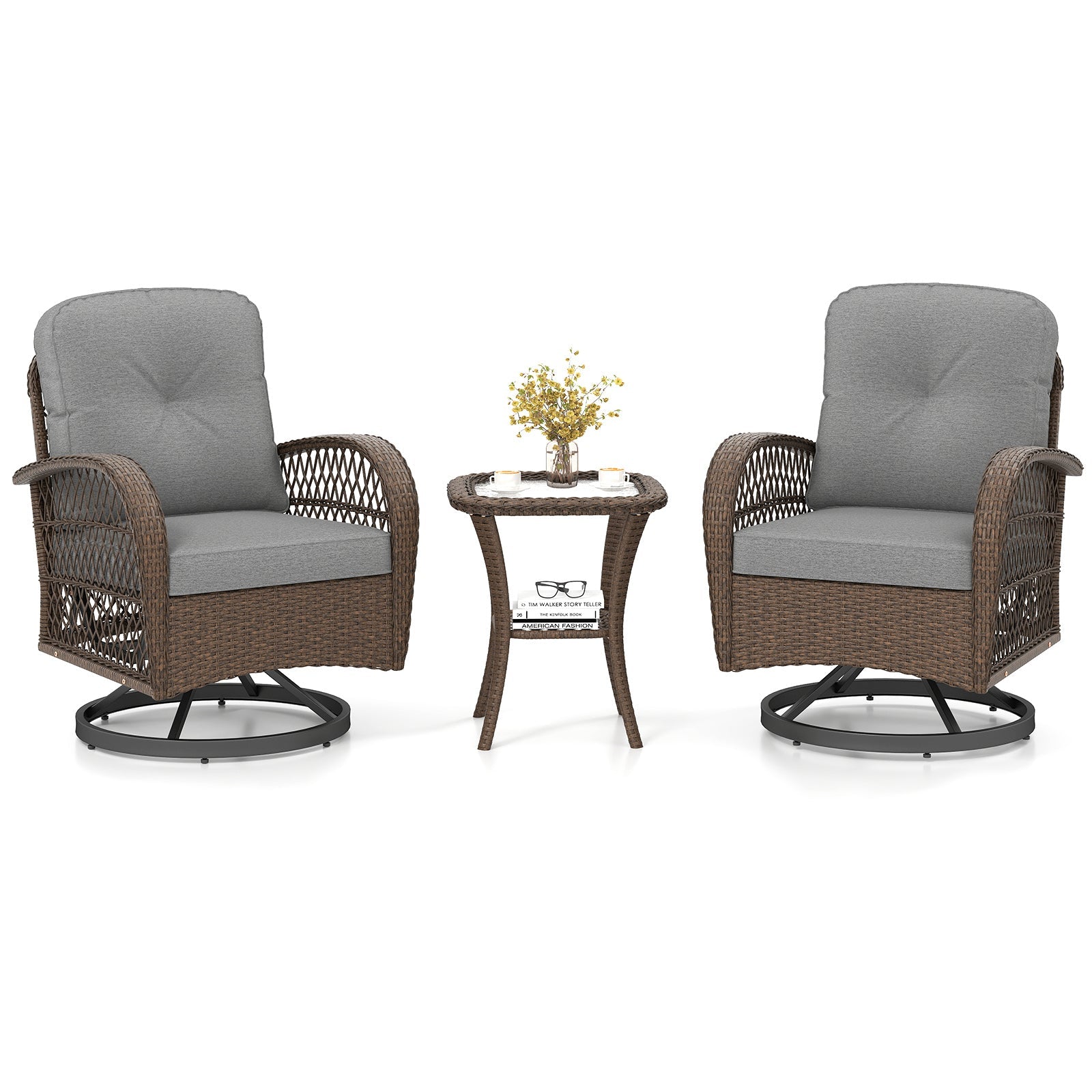 3 Piece Patio Swivel Rocker Set with Tempered Glass Side Table and Thick Cushions