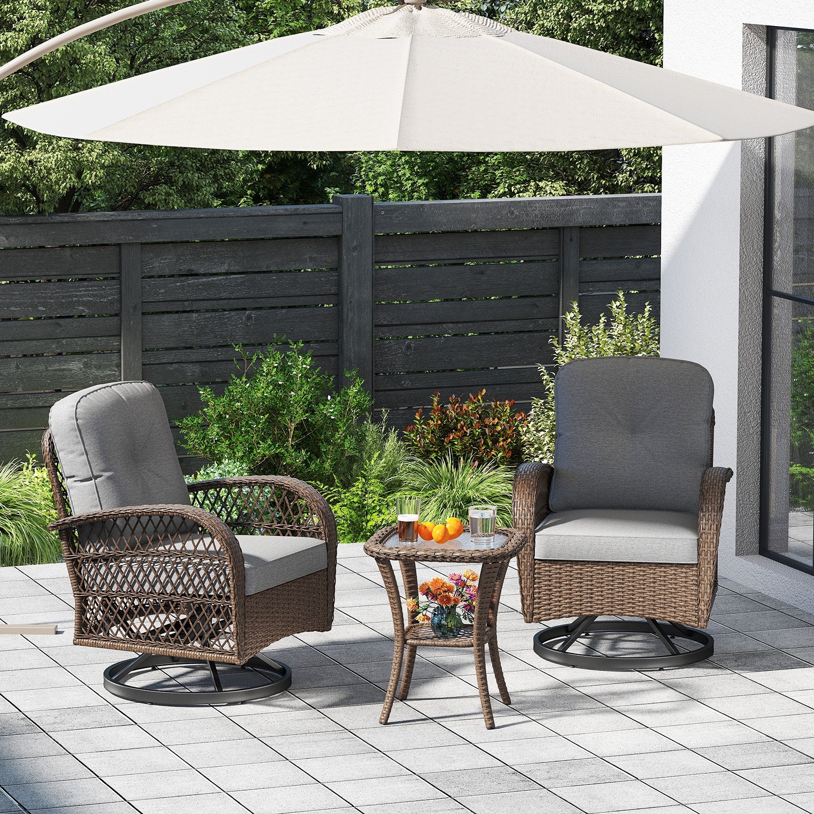 3 Piece Patio Swivel Rocker Set with Tempered Glass Side Table and Thick Cushions