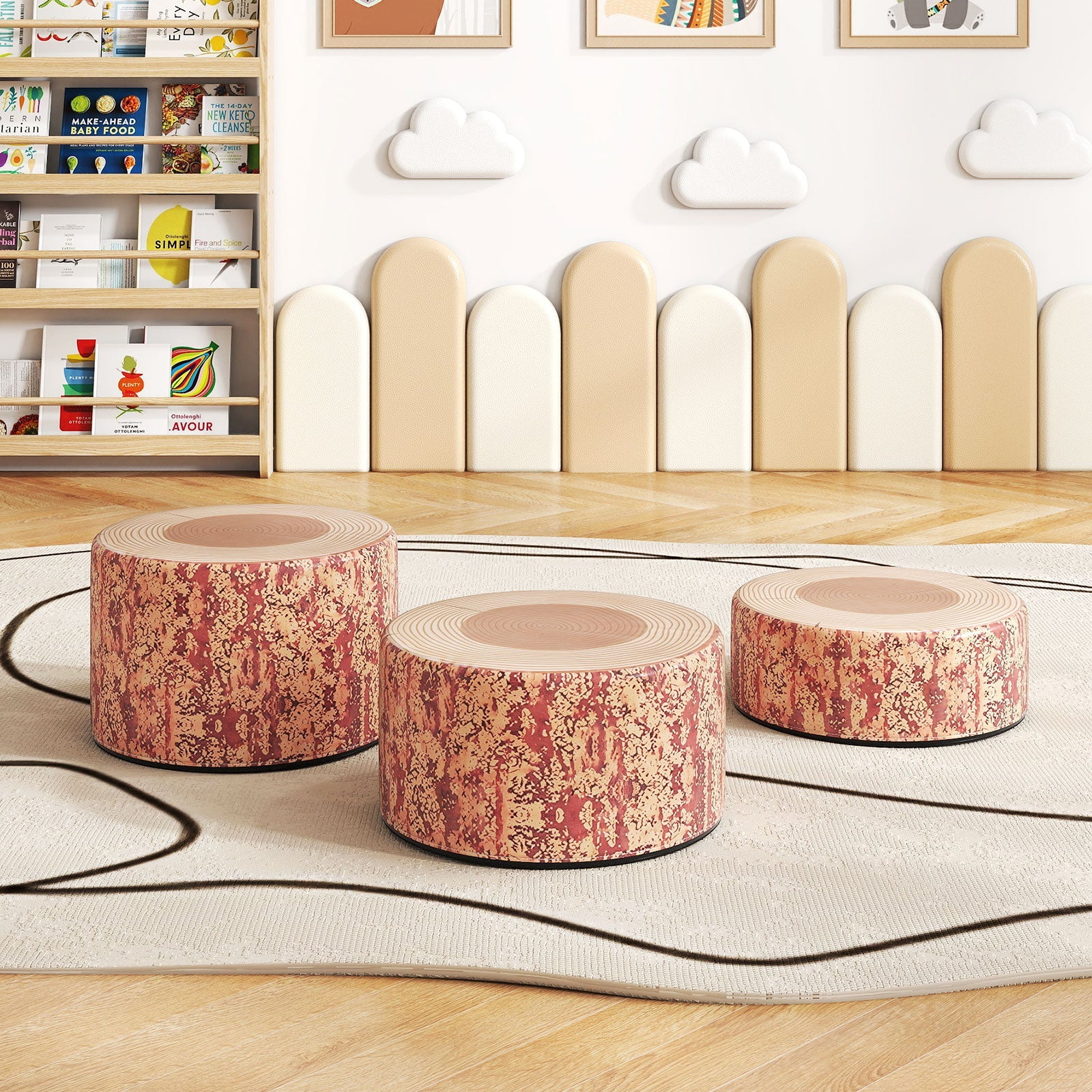 3-Piece Tree Stump Stool Set with Wood Printing Nature Decoration
