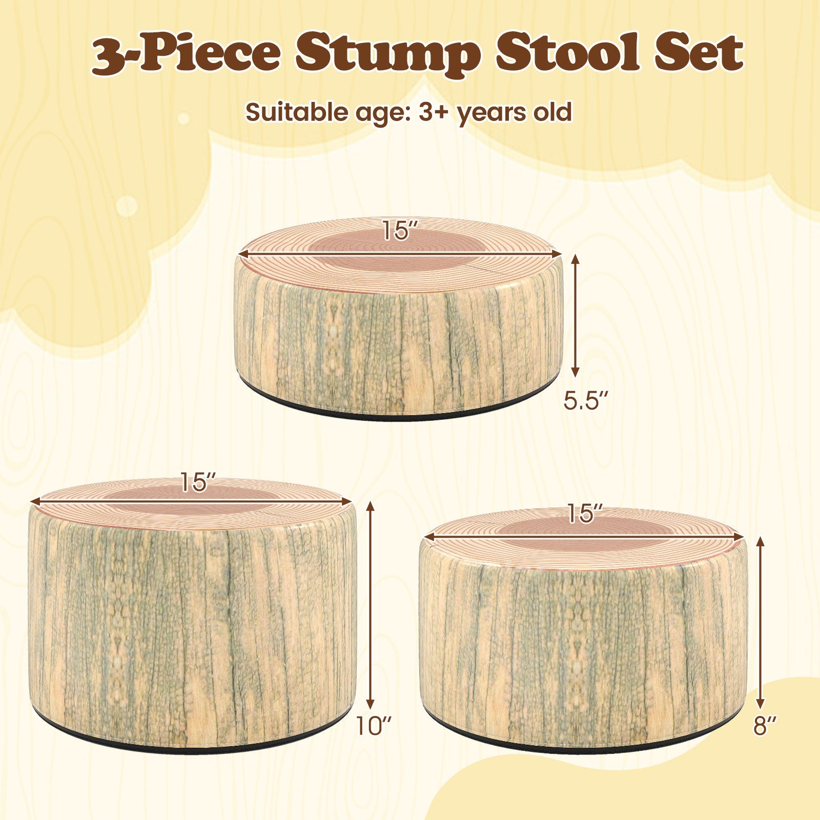 3-Piece Tree Stump Stool Set with Wood Printing Nature Decoration