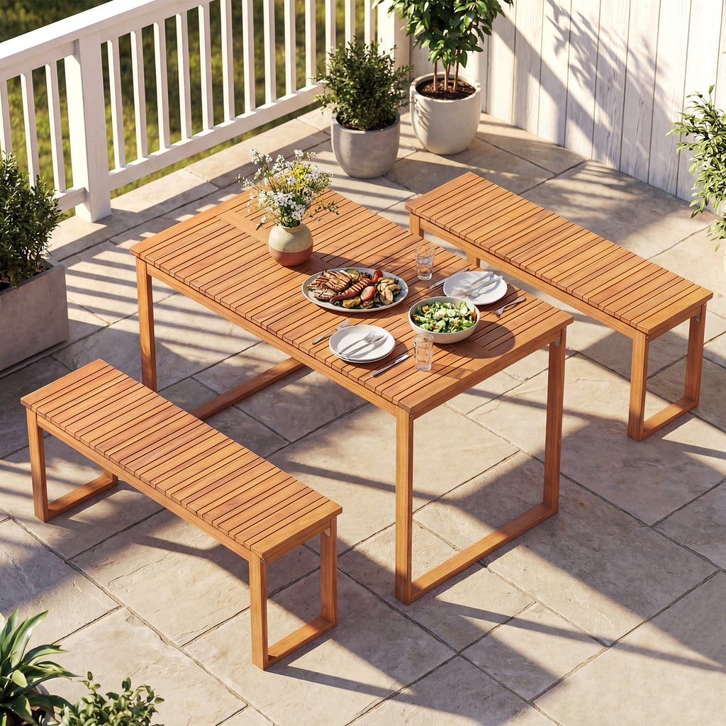 3 Pieces Acacia Wood Picnic Set with Outdoor Dining Table and 2 Benches for 4 People
