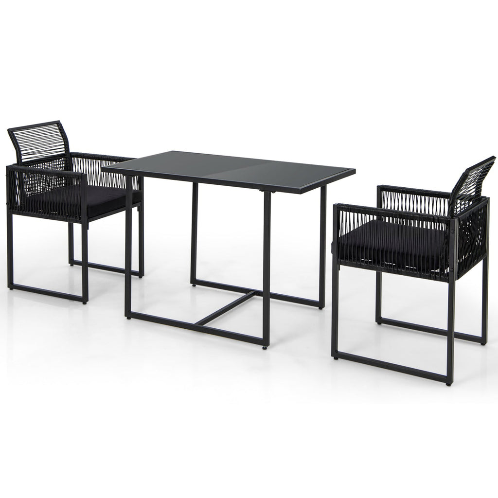 3 Pieces Outdoor Dining Set with Folding Backrest and Seat Cushions-Black