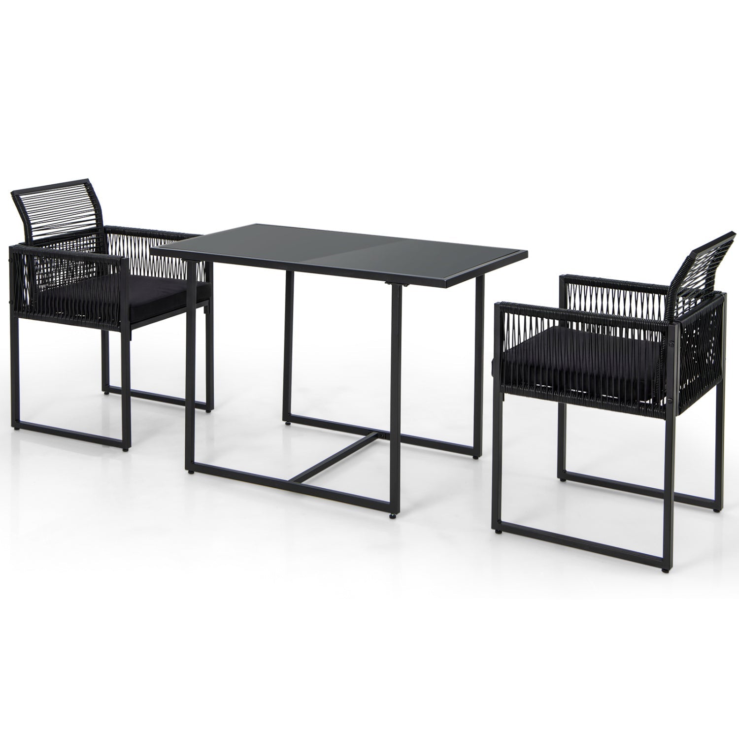 3 Pieces Outdoor Dining Set with Folding Backrest and Seat Cushions-Black