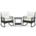 3 Pieces Outdoor Rattan Rocking Chairs Set with 2-Tier Side Table for Garden Backyard
