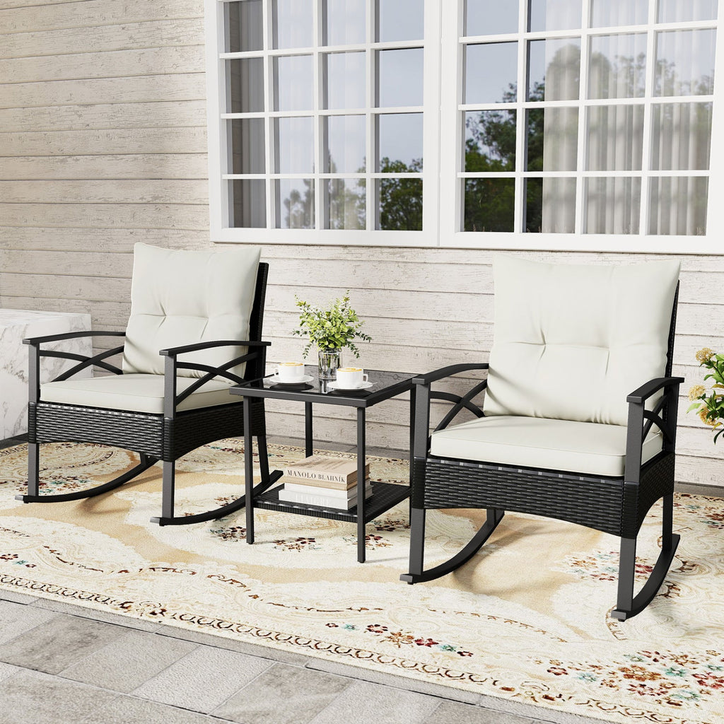 3 Pieces Outdoor Rattan Rocking Chairs Set with 2-Tier Side Table for Garden Backyard