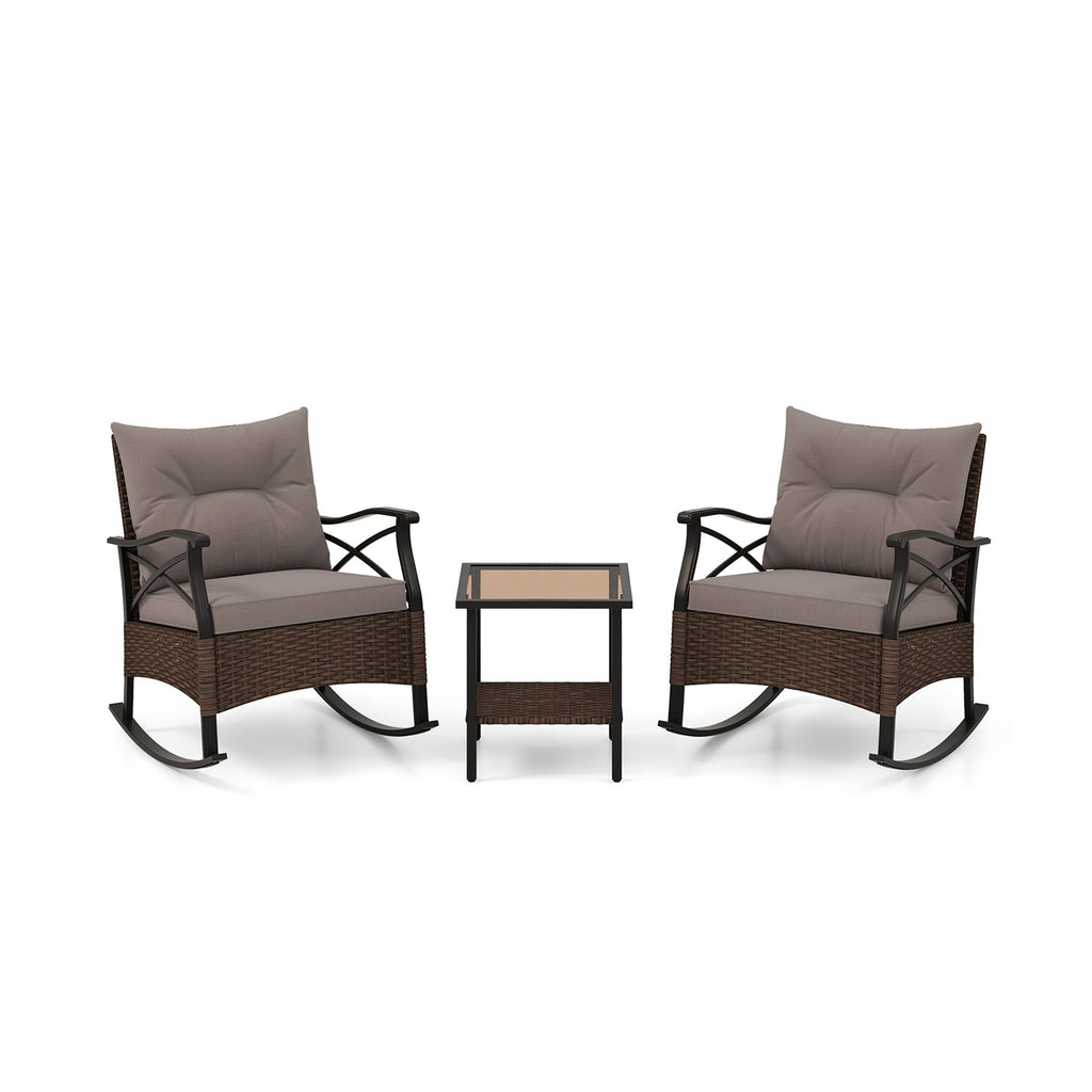 3 Pieces Outdoor Rattan Rocking Chairs Set with  2-Tier Side Table for Garden Backyard-Brown