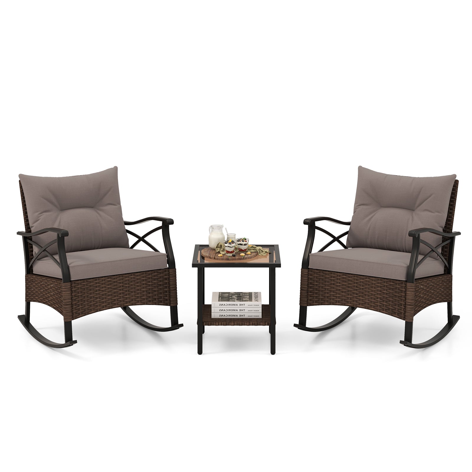 3 Pieces Outdoor Rattan Rocking Chairs Set with  2-Tier Side Table for Garden Backyard-Brown
