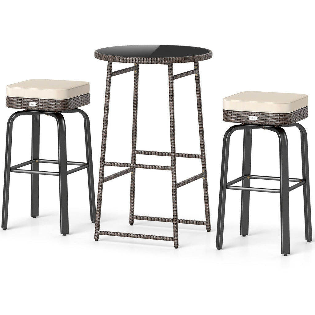 3 Pieces Outdoor Swivel Bar Set PE Rattan Bar Height Table with 2 Chairs-White