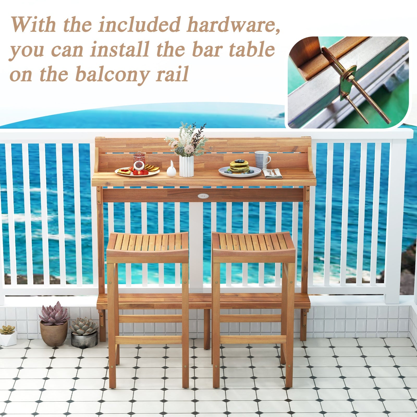 3 Pieces Patio Acacia Wood Bar Table Set with Footrest Curved Wood Seat