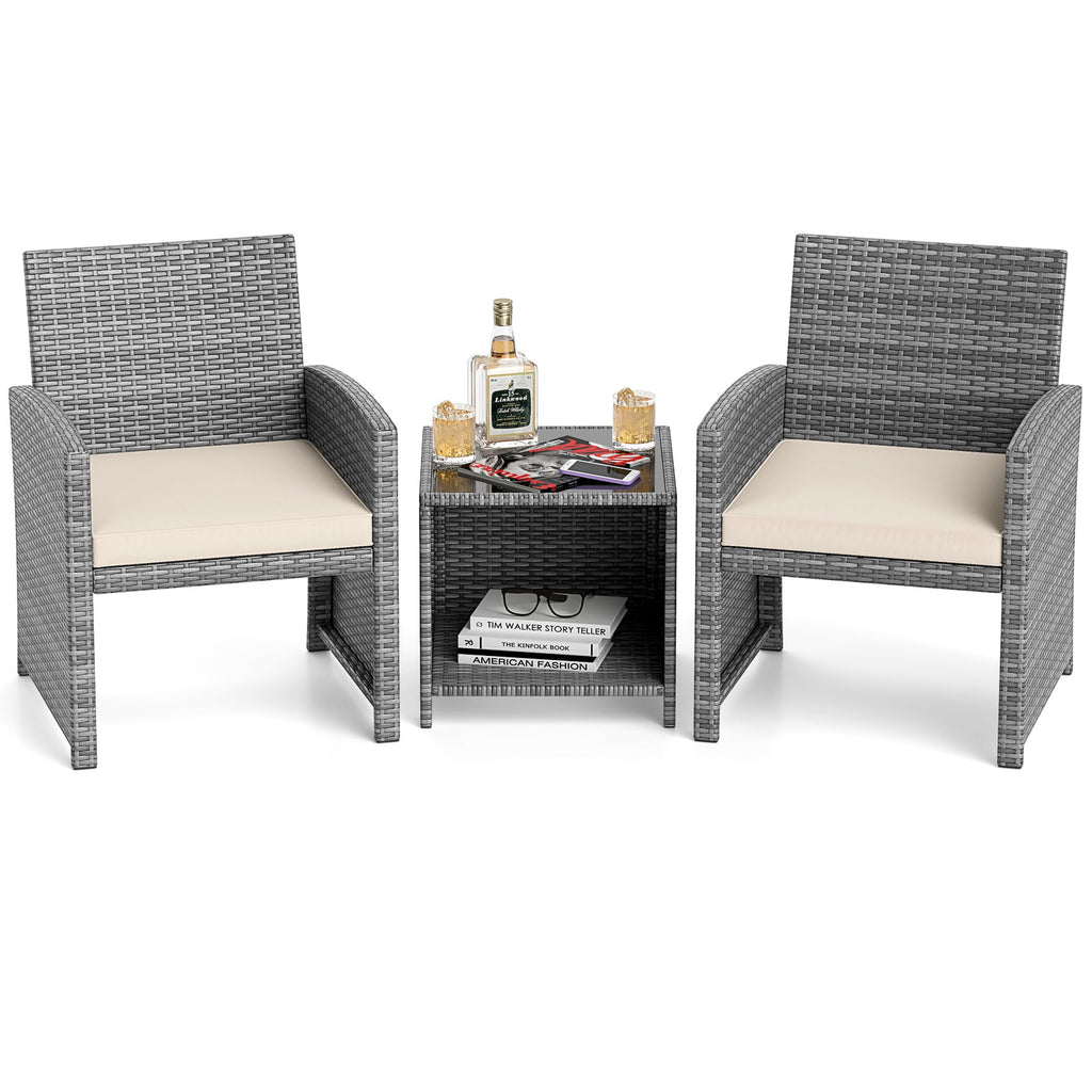 3 Pieces Patio Furniture Set with Tempered Glass Coffee Table and Soft Seat Cushions