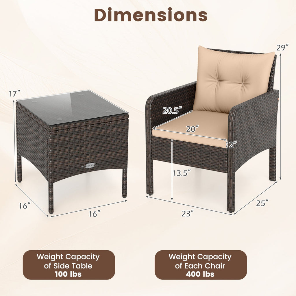 3 Pieces Patio PE Wicker Furniture Set with Cushions for Porch and Balcony