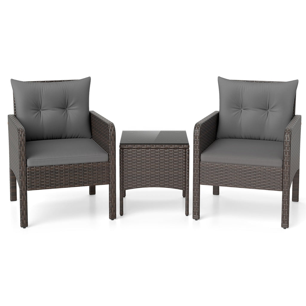 3 Pieces Patio PE Wicker Furniture Set with Cushions for Porch and Balcony