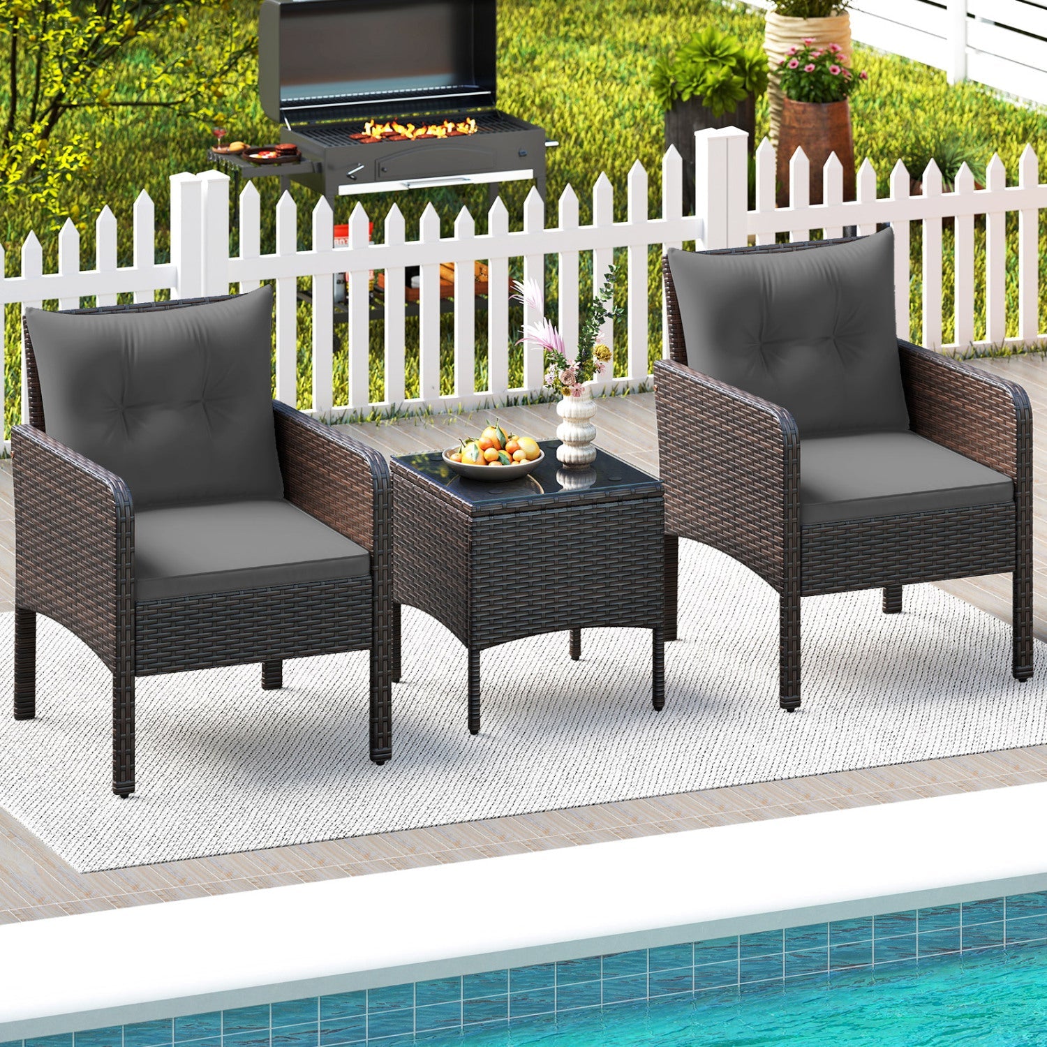3 Pieces Patio PE Wicker Furniture Set with Cushions for Porch and Balcony