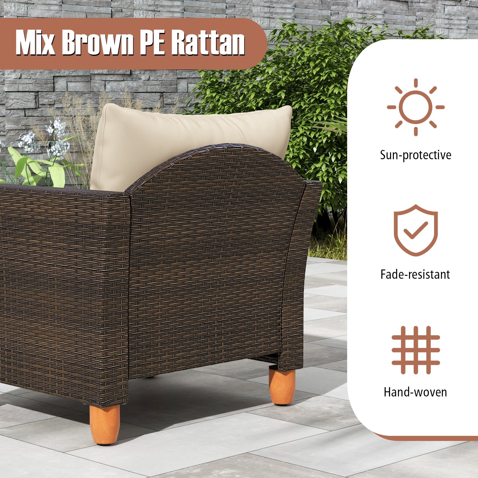 3 Pieces Patio Rattan Bistro Furniture Set with Wooden Table Top