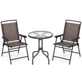 3 Pieces Patio Round Table and Folding Chairs Set with Rippled Tempered Glass Tabletop