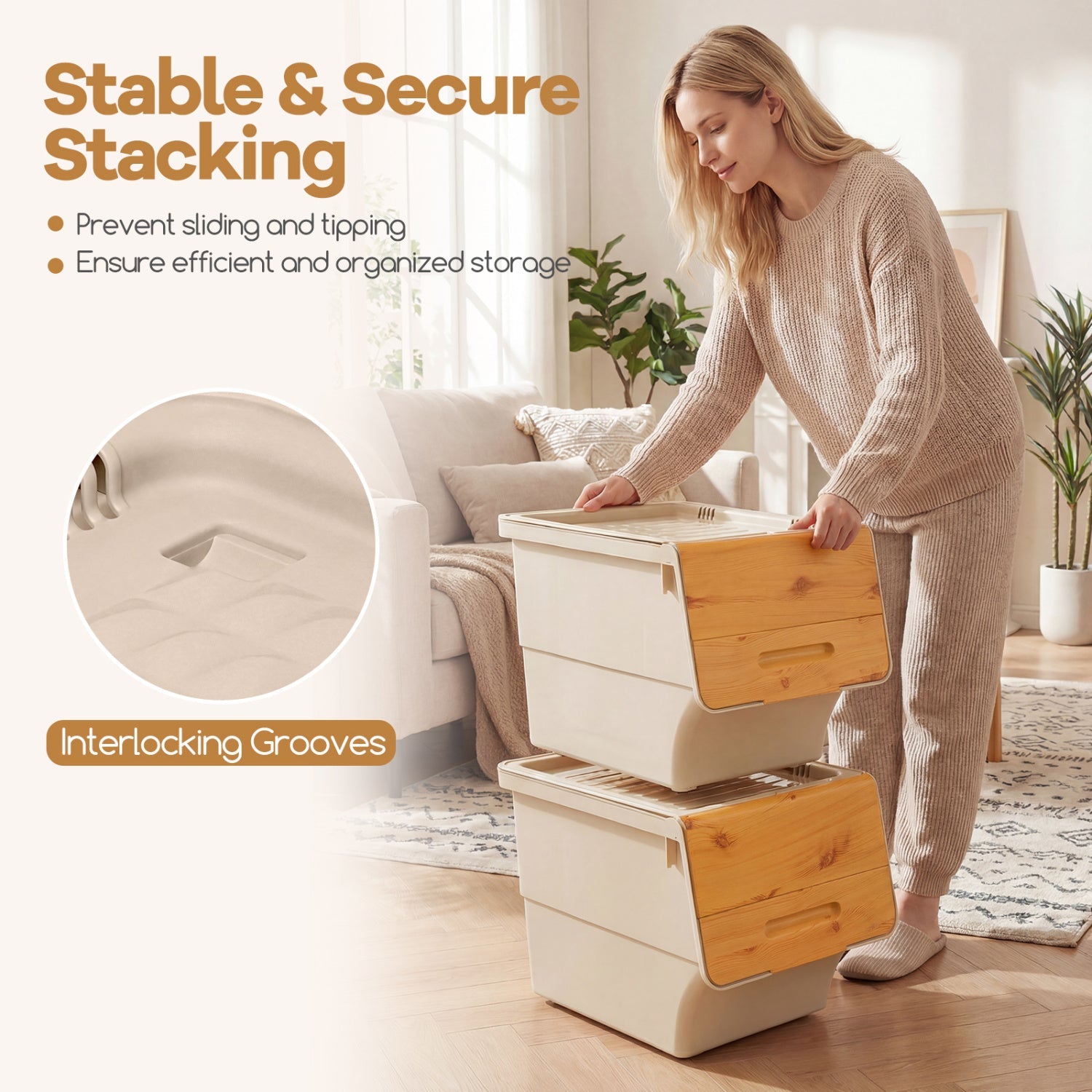 3 Pieces Storage Bins on Wheels Stackable Plastic Boxes with Stay-Open Lid (M)