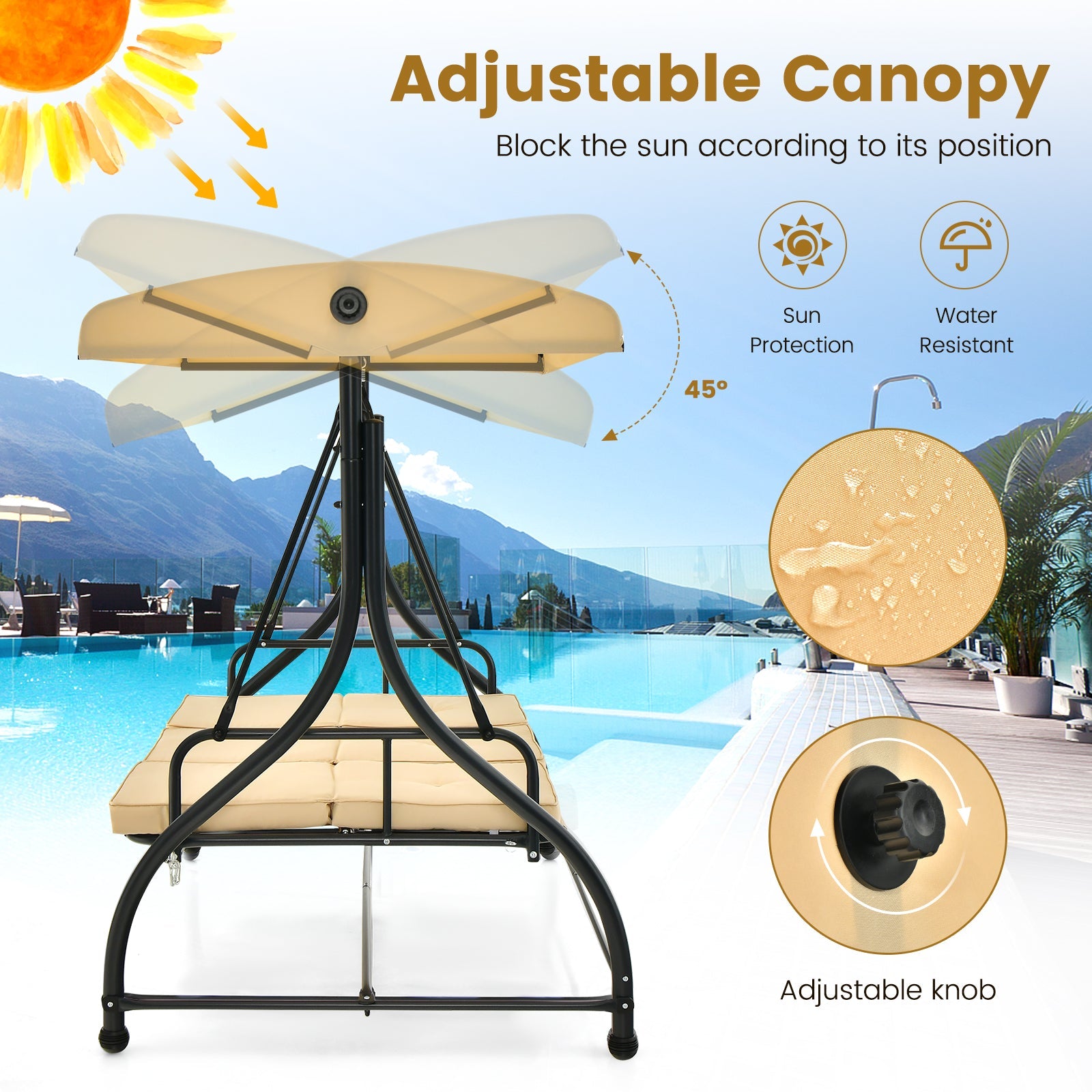 3 Seat Outdoor Porch Swing with Adjustable Canopy