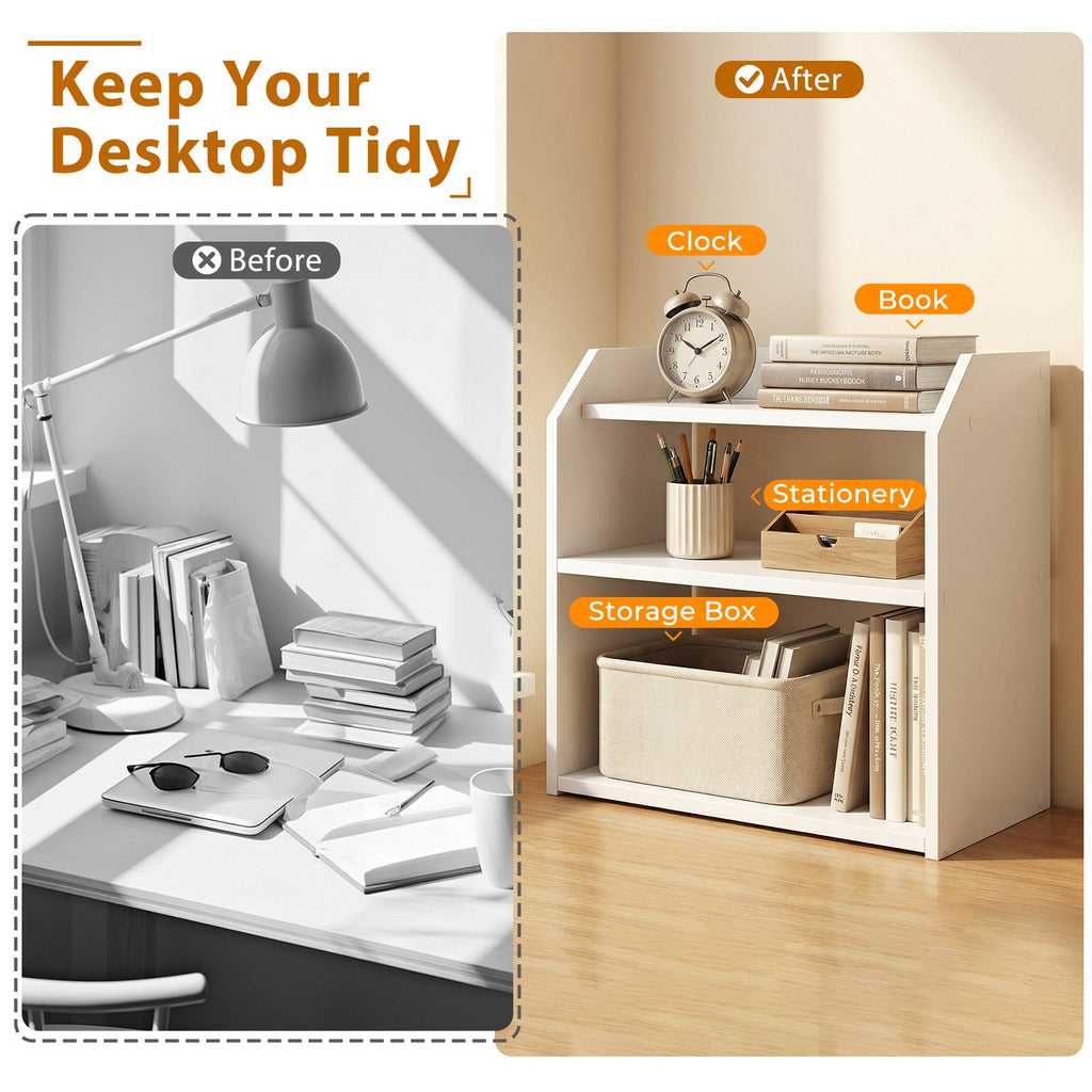 3-Tier Desktop Bookshelf Wooden Countertop Bookcase with Raised Top Guardrails-White