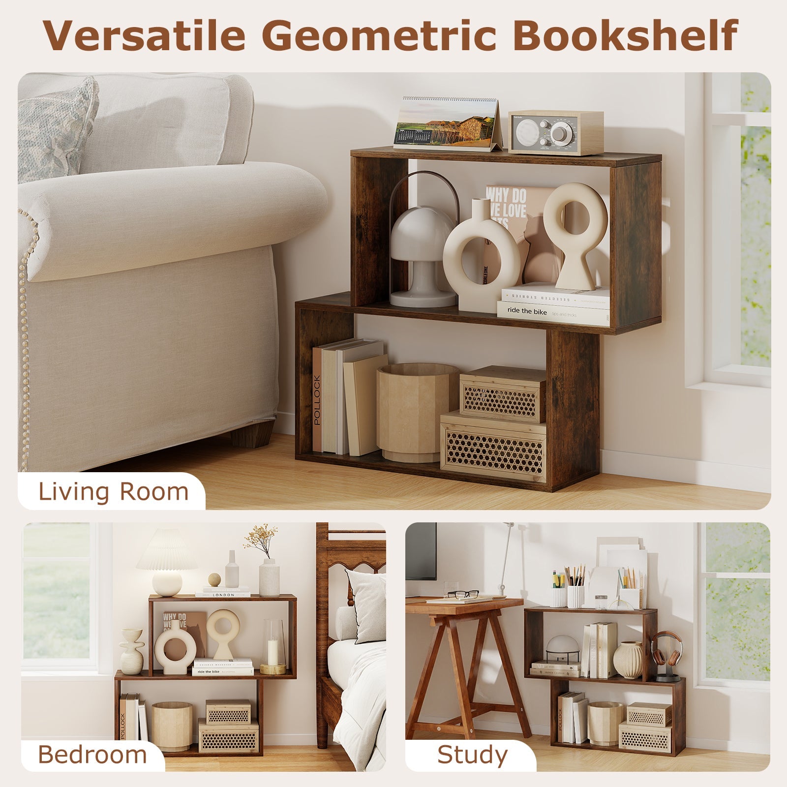 3-Tier Geometric Bookshelf Freestanding Wooden Bookcase with 2 Cubic Compartments-Brown