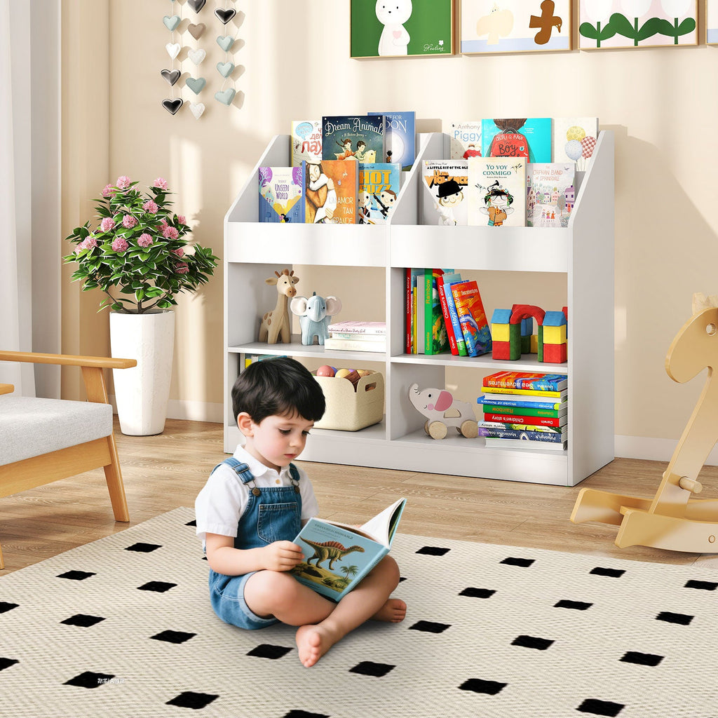3-Tier Kid's Bookshelf Toy Storage Organizer with Display Rack and 4 Compartments-White