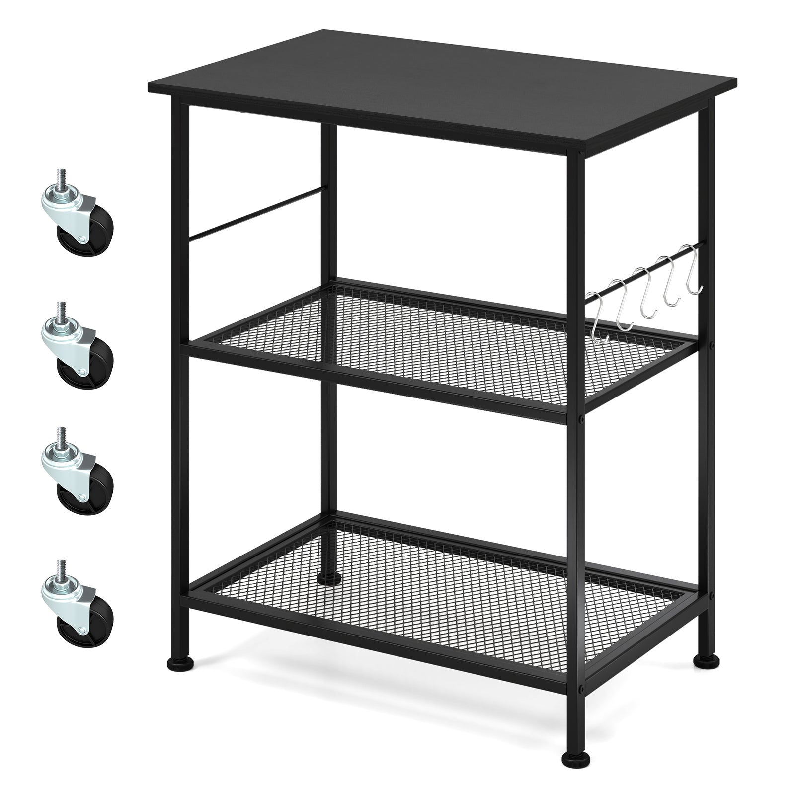 3-Tier Kitchen Serving Cart Utility Standing Microwave Rack with Hooks