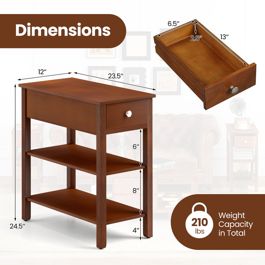 3-Tier Narrow End Table with Drawer and Storage Shelves Set of 2