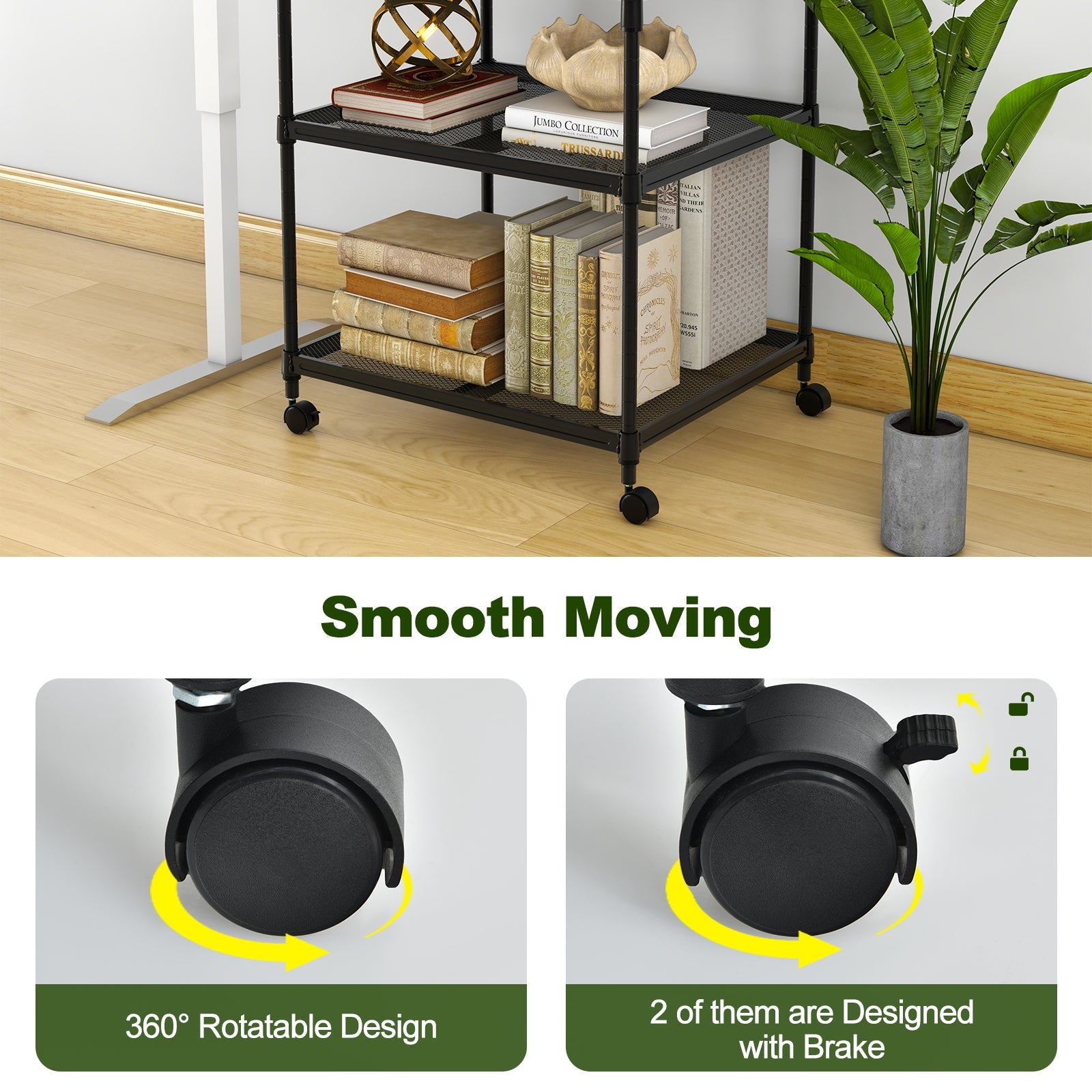 3 Tier Printer Stand Rolling Fax Cart with Adjustable Shelf and Swivel Wheels
