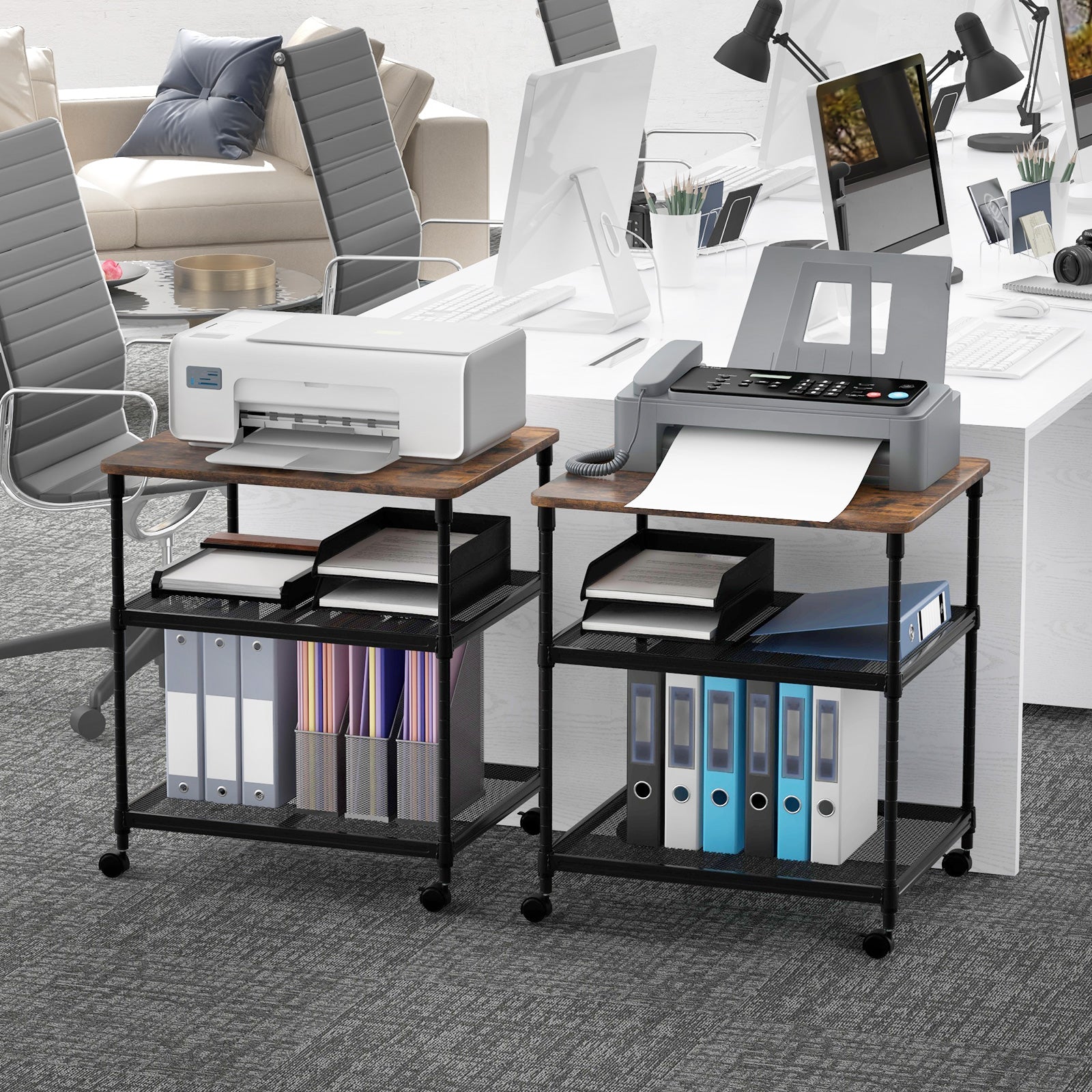 3 Tier Printer Stand Rolling Fax Cart with Adjustable Shelf and Swivel Wheels