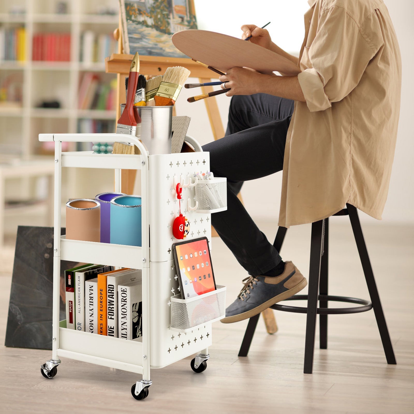 3-Tier Utility Storage Cart with DIY Pegboard Baskets