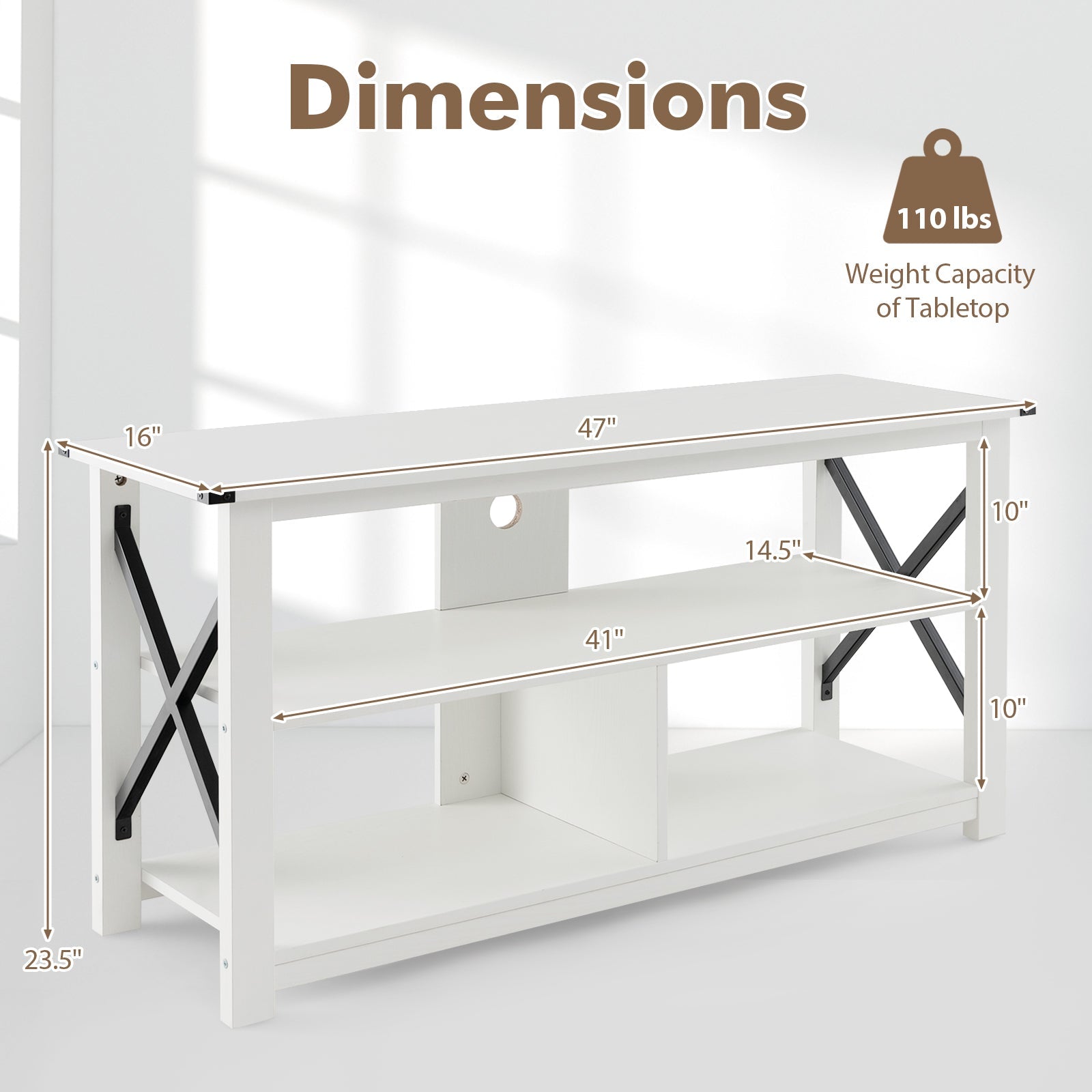 3 Tier Wood TV Stand for 55-Inch with Open Shelves and X-Shaped Frame