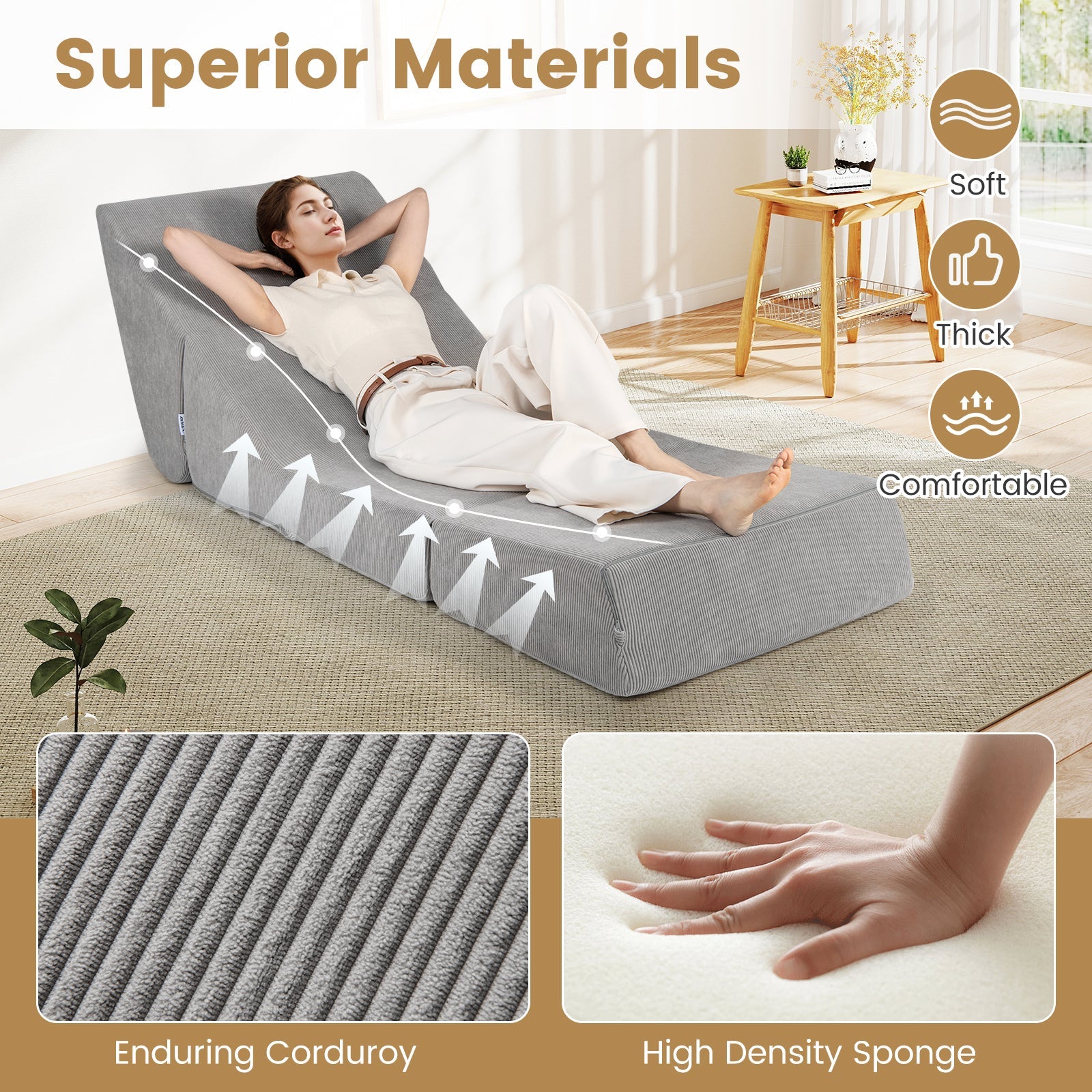 3-in-1 Folding Sofa Bed with Washable Zippered Cover-Gray