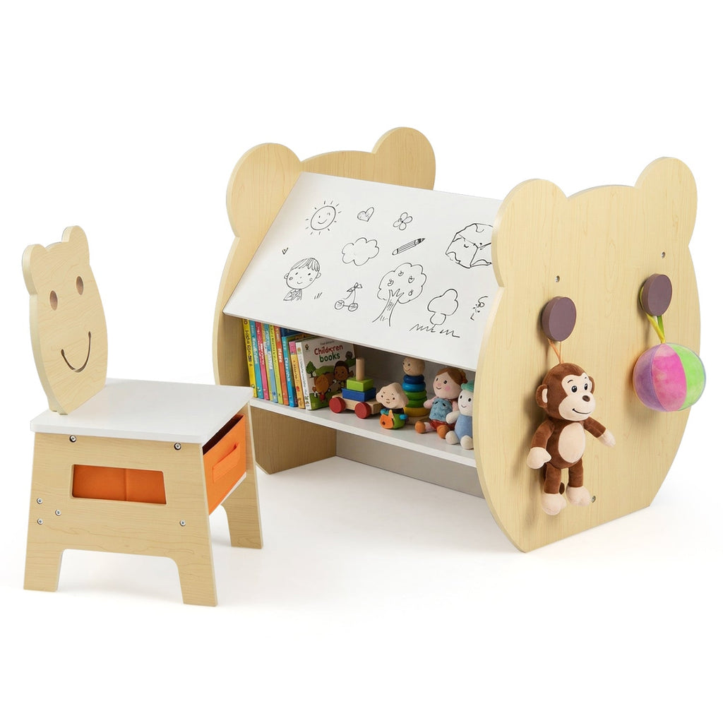 3-in-1 Kids Art Table and Chair with Storage and Reversible Whiteboard Chalkboard for Ages 3-10 Years Old-White