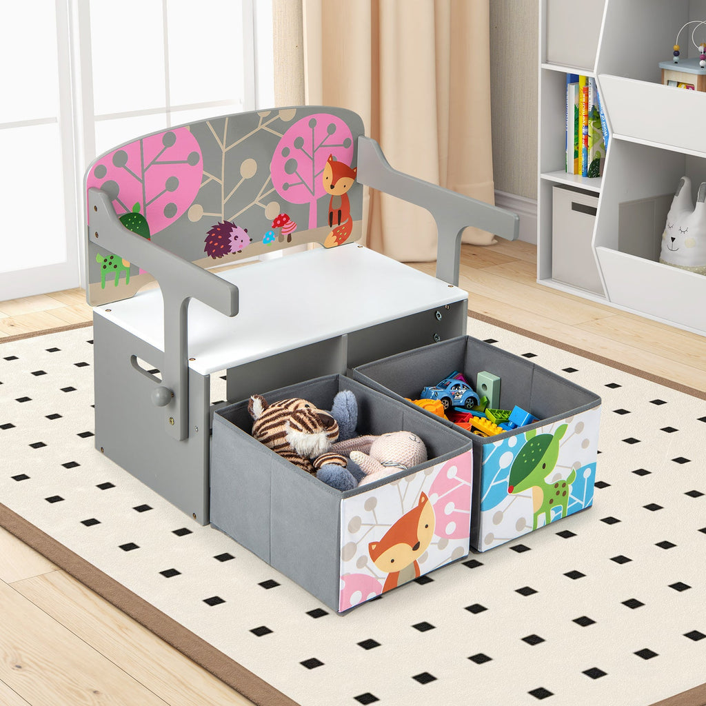 3 in 1 Kids Convertible Activity Bench with 2 Removable Fabric Bins