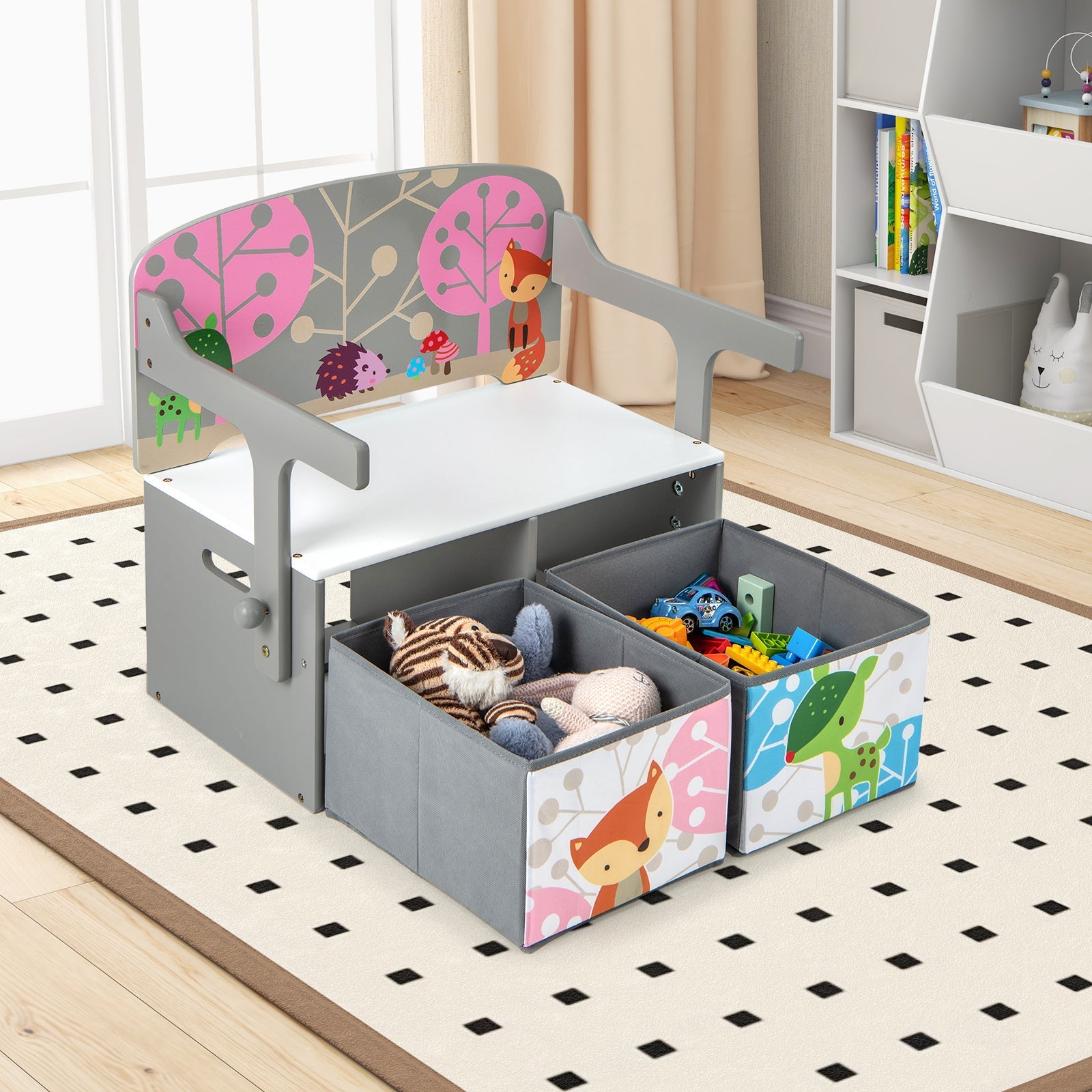 3 in 1 Kids Convertible Activity Bench with 2 Removable Fabric Bins