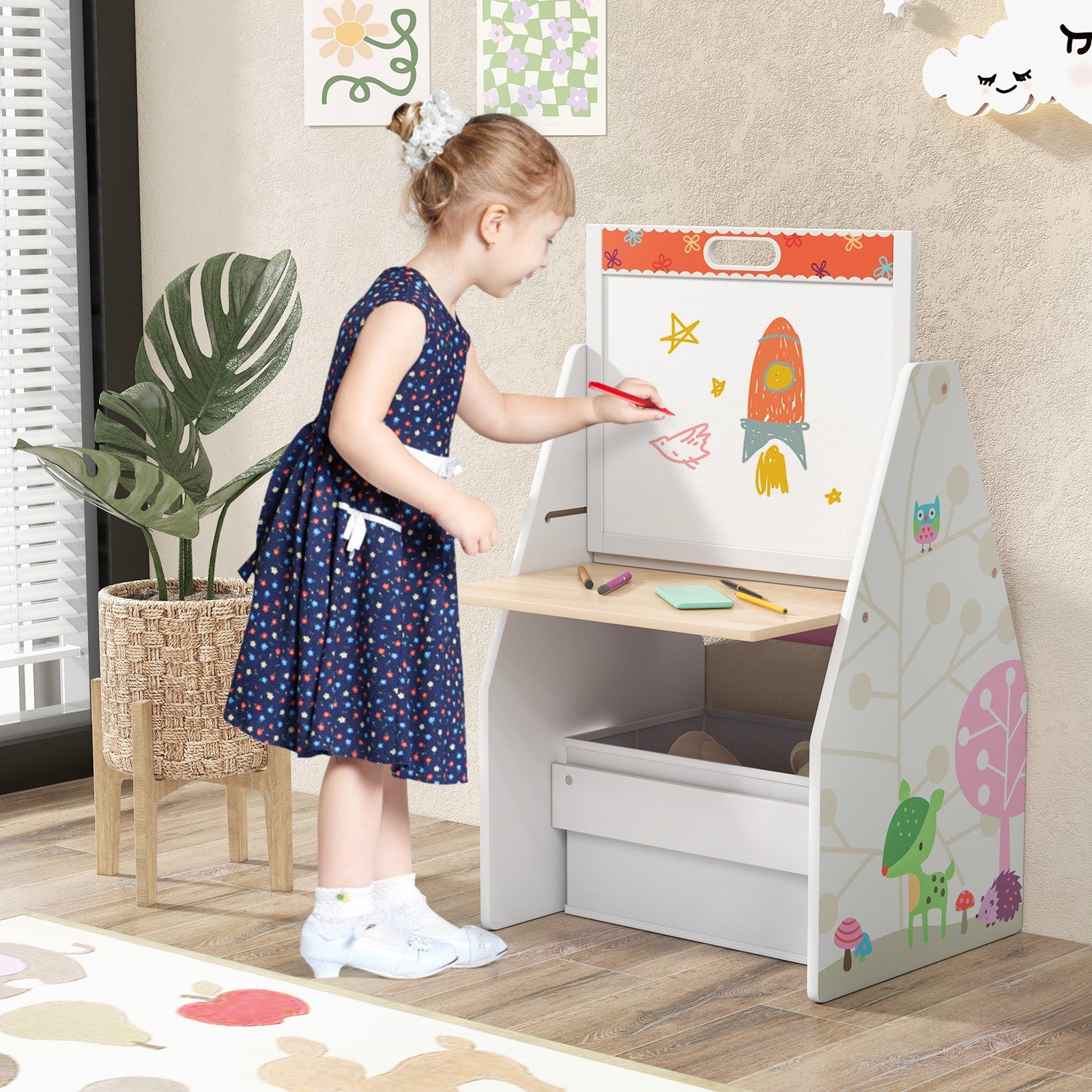 3 in 1 Kids Easel and Play Station Convertible with Chair and Storage Bins