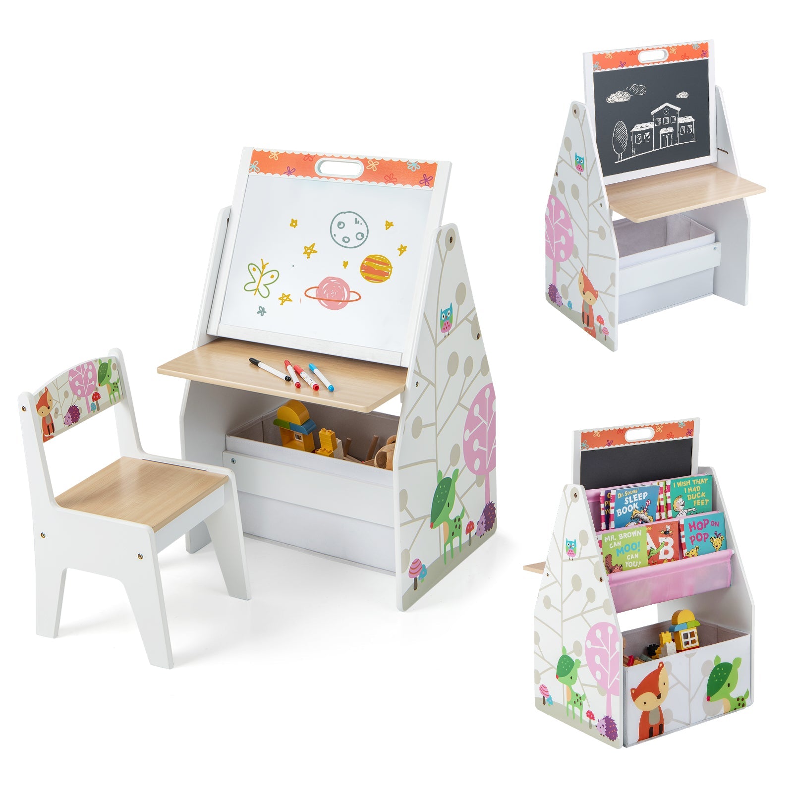 3 in 1 Kids Easel and Play Station Convertible with Chair and Storage Bins