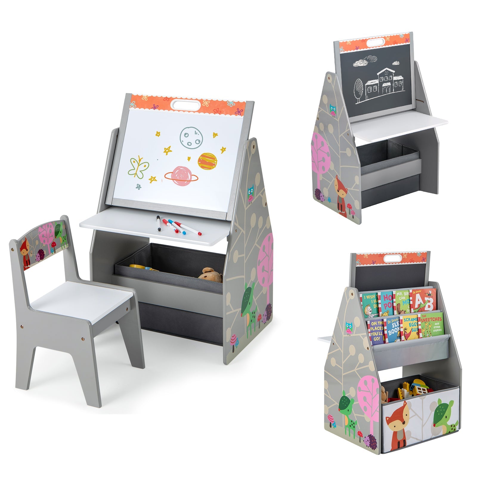 3 in 1 Kids Easel and Play Station Convertible with Chair and Storage Bins
