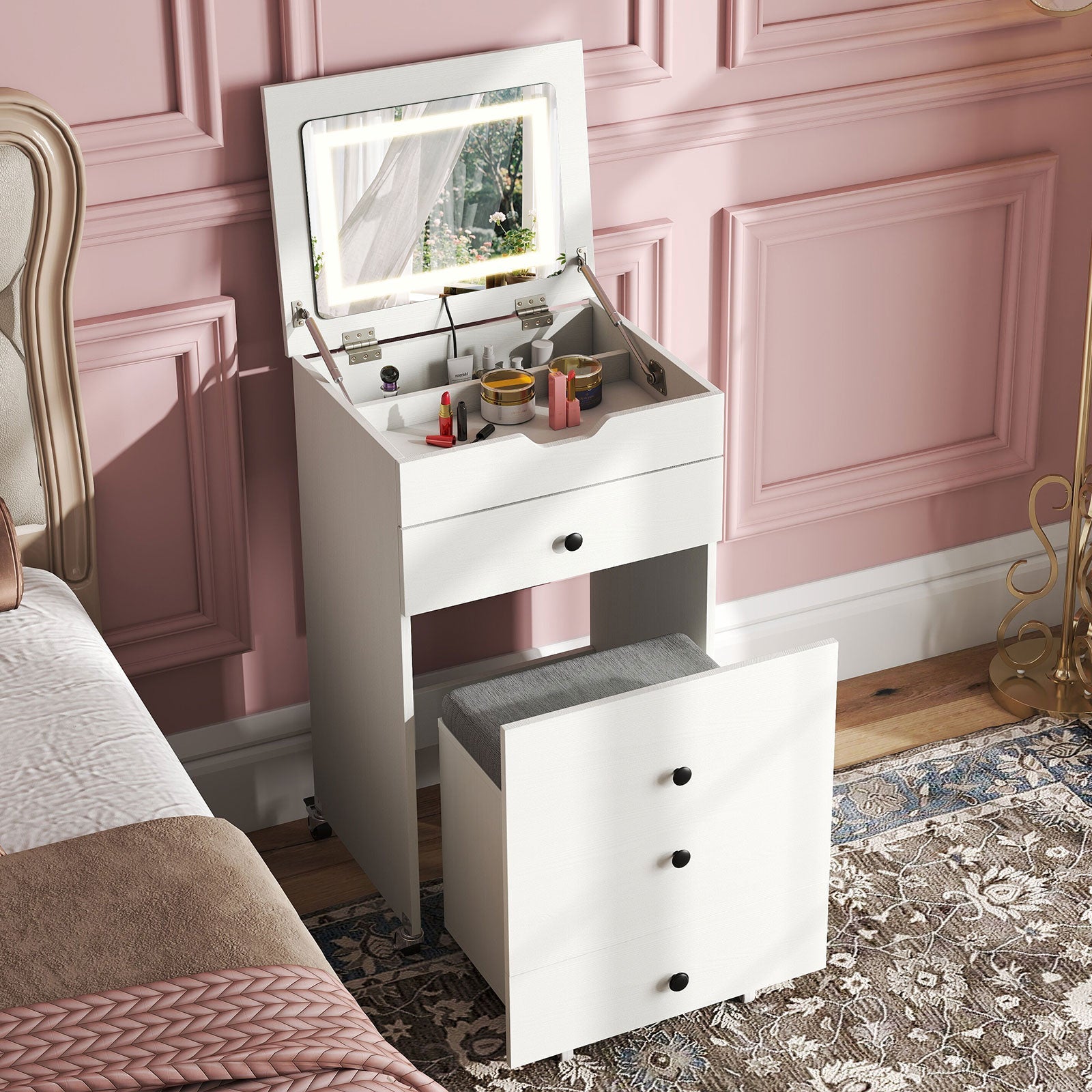 3-in-1 Small Vanity Desk Set with Flip-top Mirror and Lights with Drawers and Stool-White