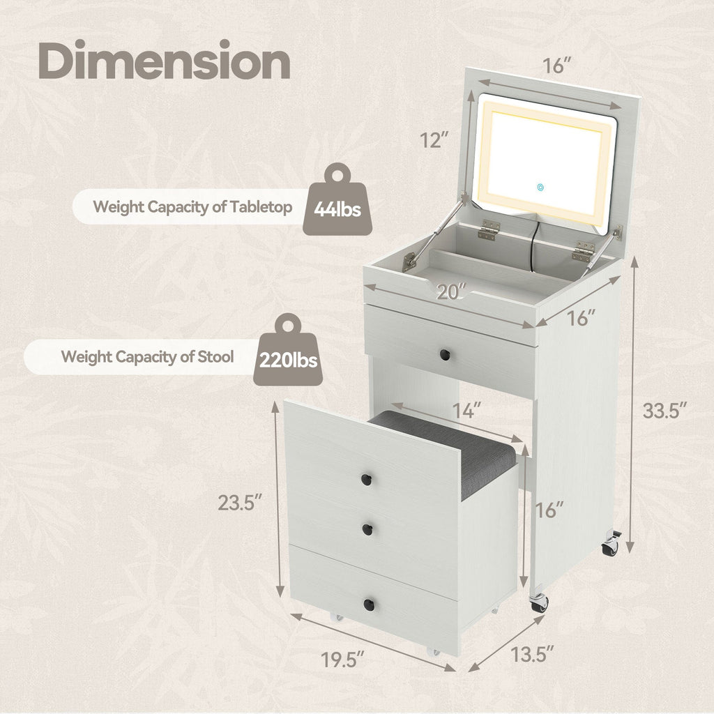 3-in-1 Small Vanity Desk Set with Flip-top Mirror and Lights with Drawers and Stool-White