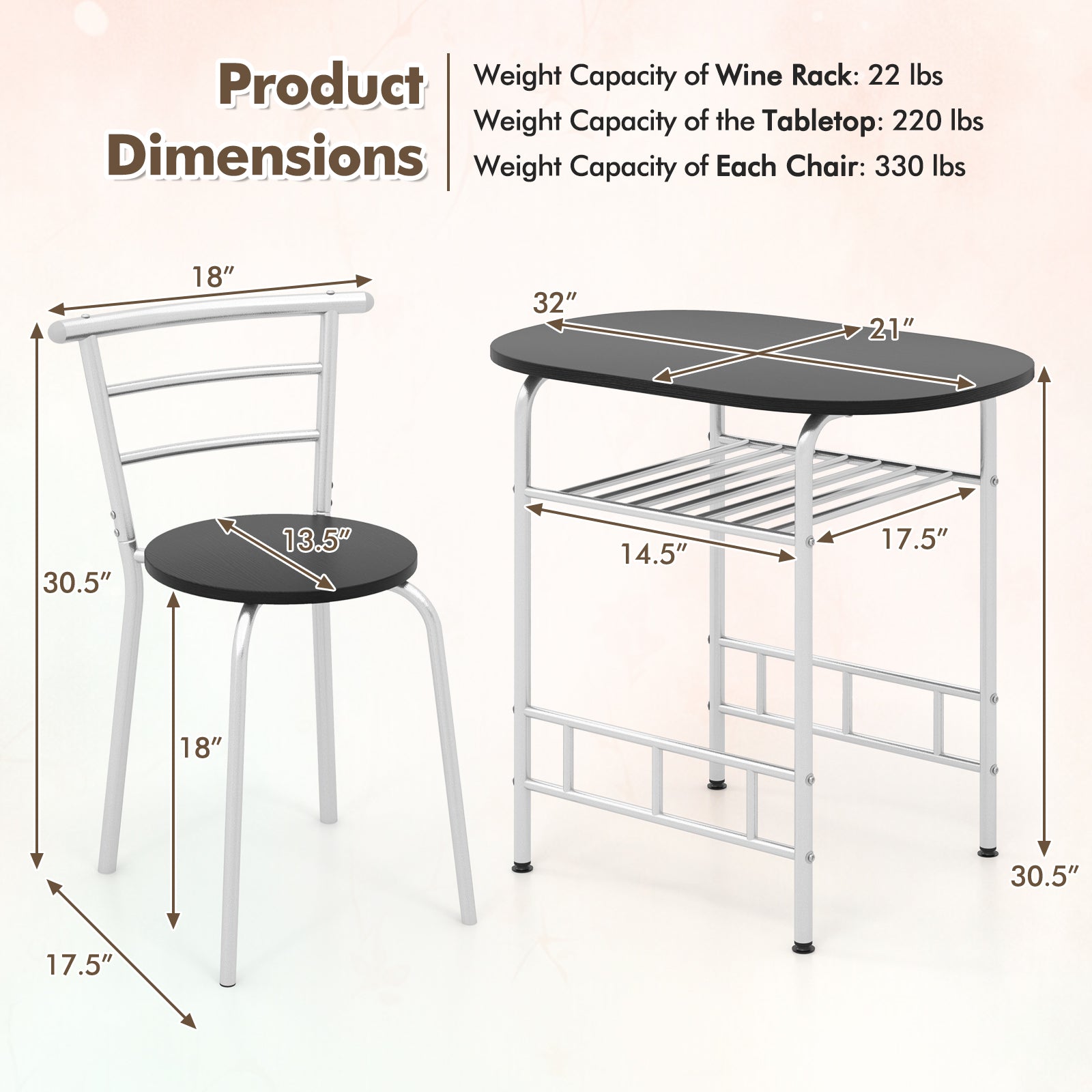 3 pcs Home Kitchen Bistro Pub Dining Table 2 Chairs Set
