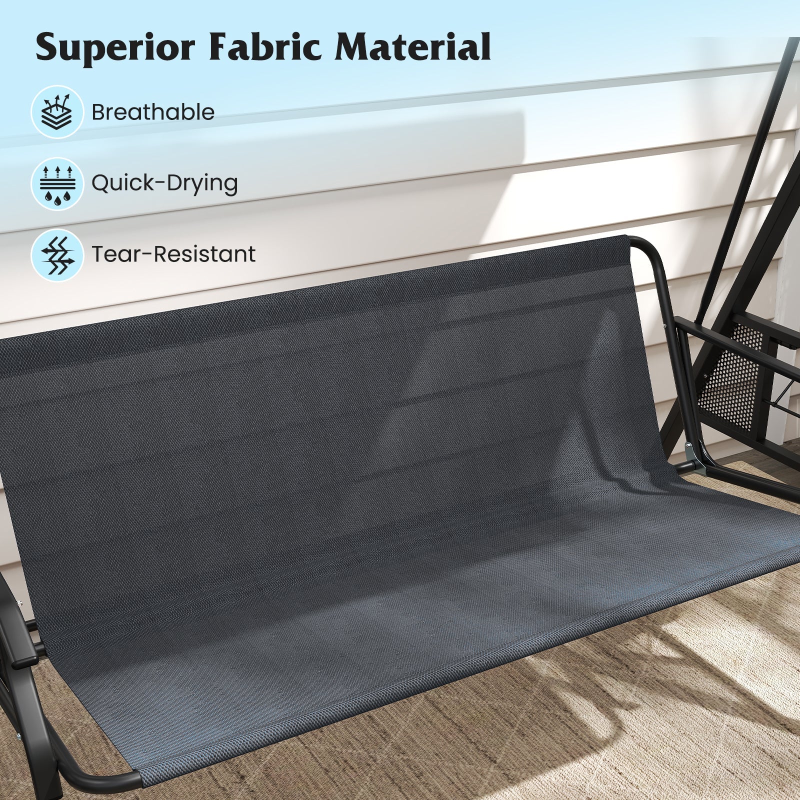 3-Seat Patio Swing Chair Porch Swing with Adjustable Canopy Thickened Cushions Pillow and Foldable Side Trays
