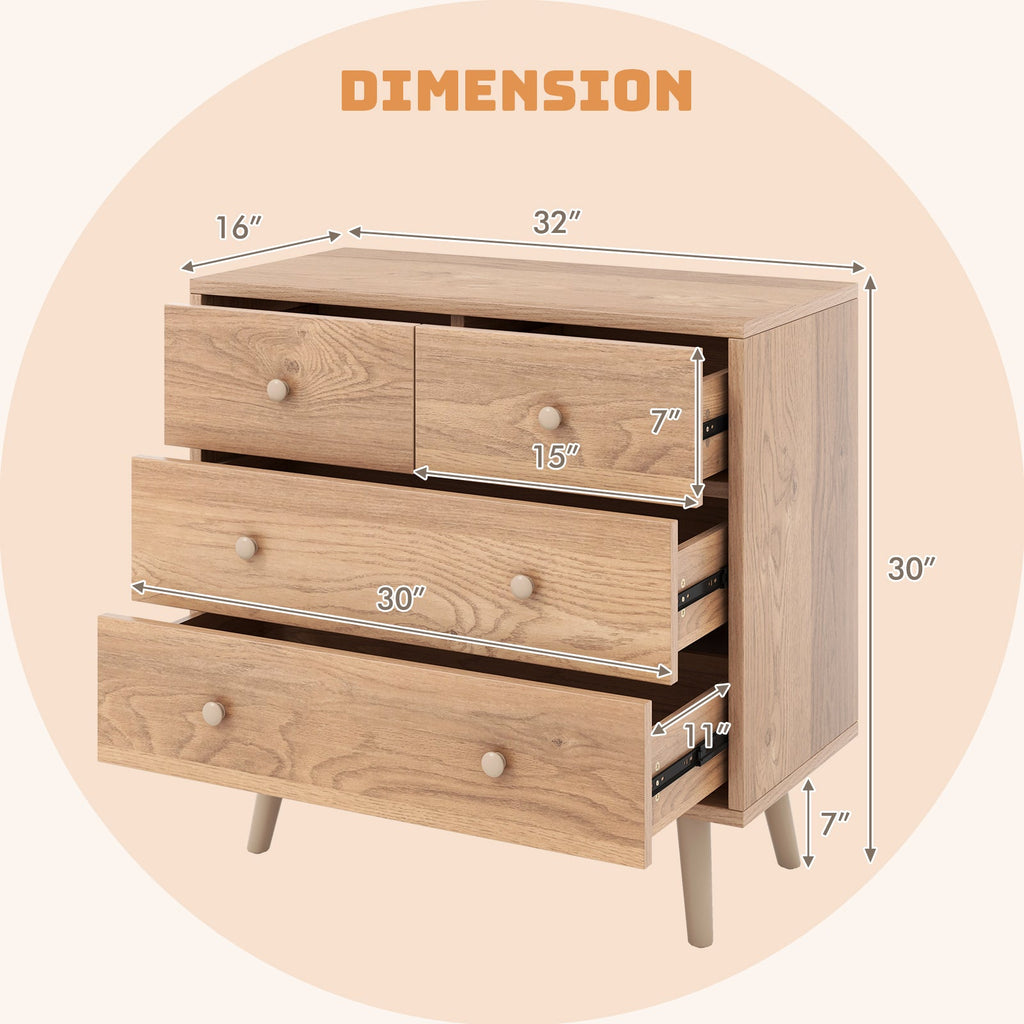 4-Drawer Dresser Cabinet Storage Organizer Rubber Leg with Rail-Natural