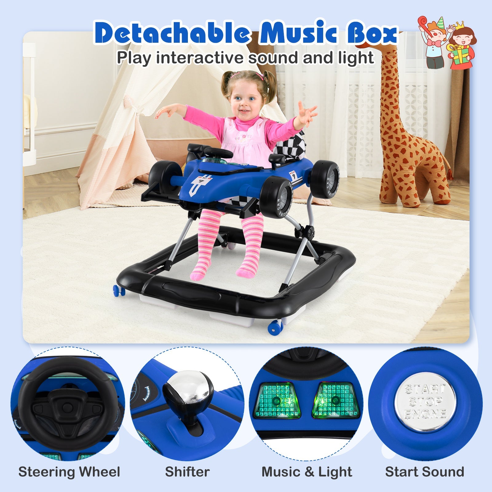 4-in-1 Baby Push Walker Activity Center Height Adjustable with Music Box